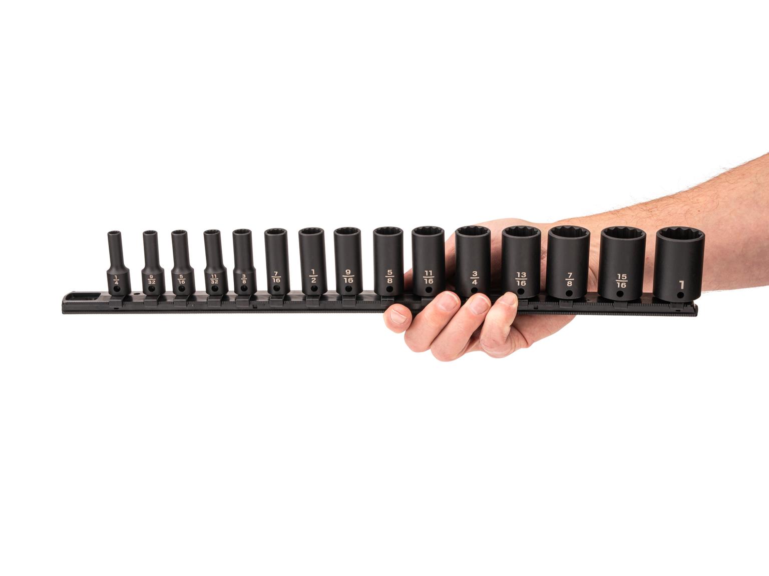 Person holding Tekton impact drive 12-point socket set. Item #SID91120