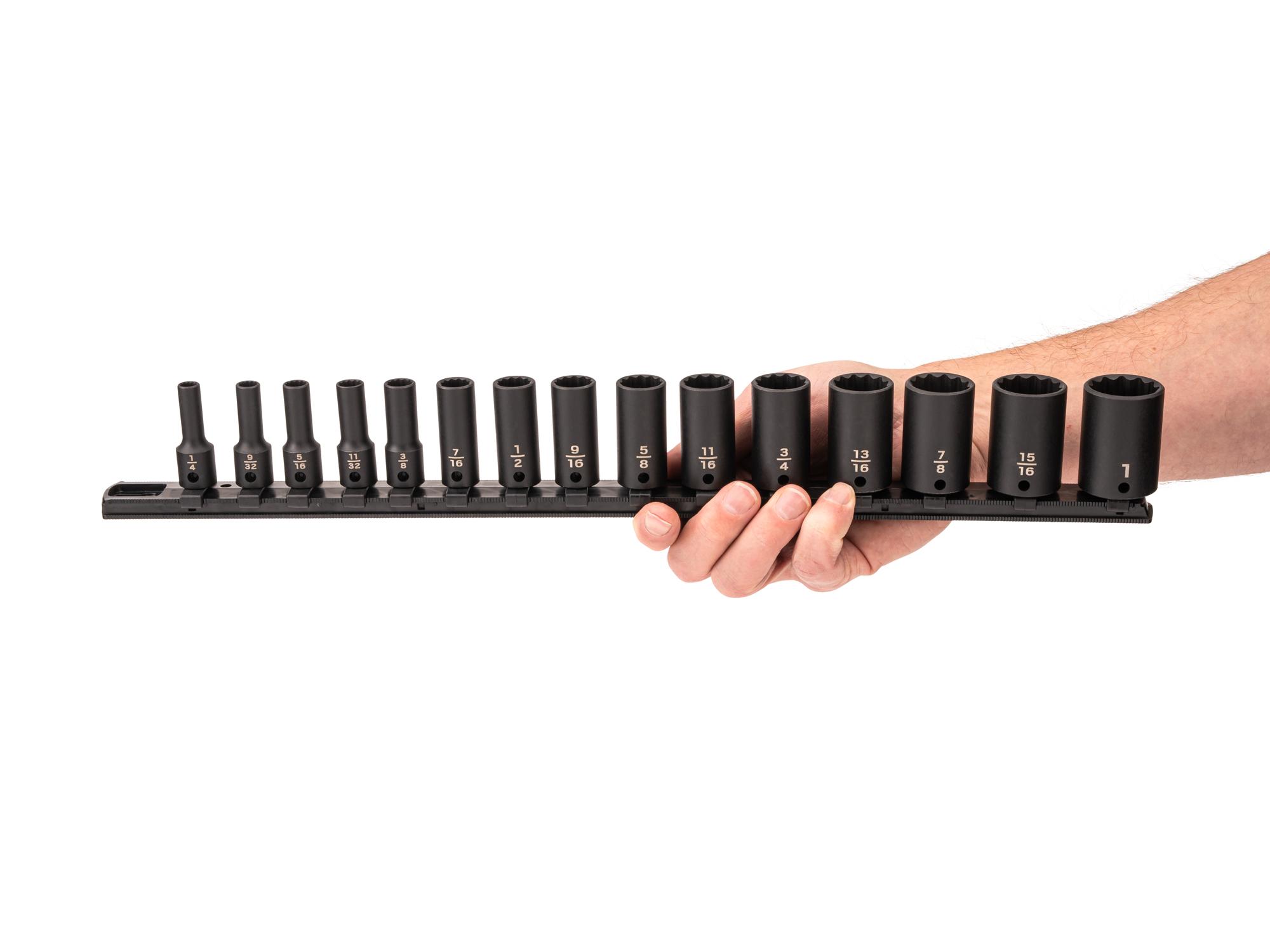 Person holding Tekton rail impact drive 12-point socket set. Item #SID91120