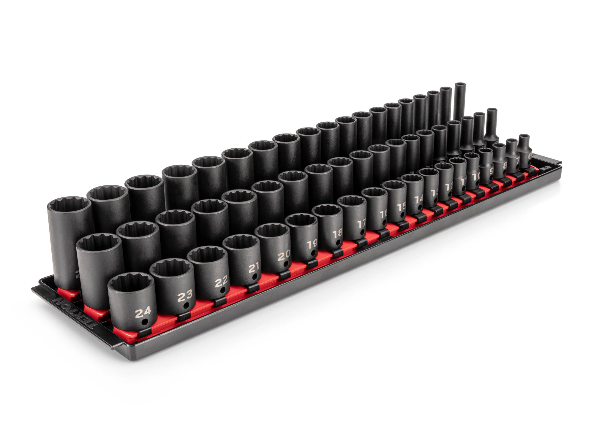 Front-right angle view of Tekton rail and tray impact drive 12-point socket set. Item #SID91123