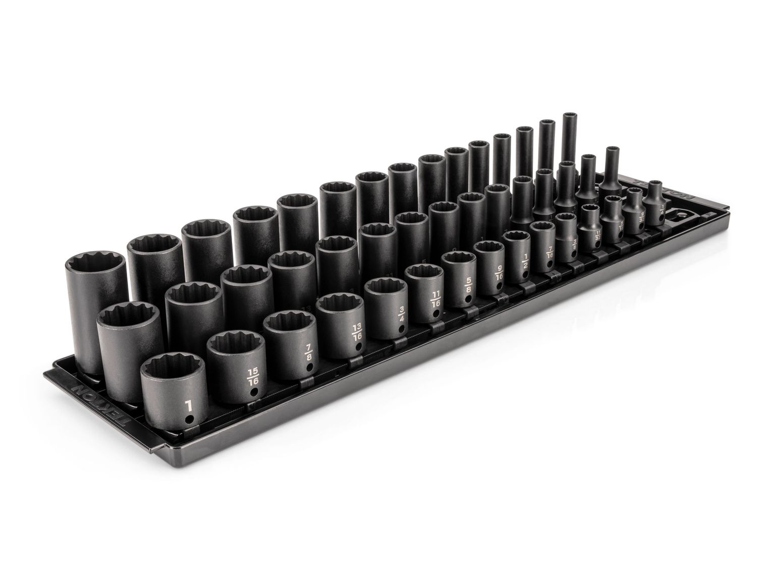 3/8 Inch Drive Shallow, Semi-Deep, and Deep 12-Point Impact Socket Set with Rails and Trays (45-Piece)