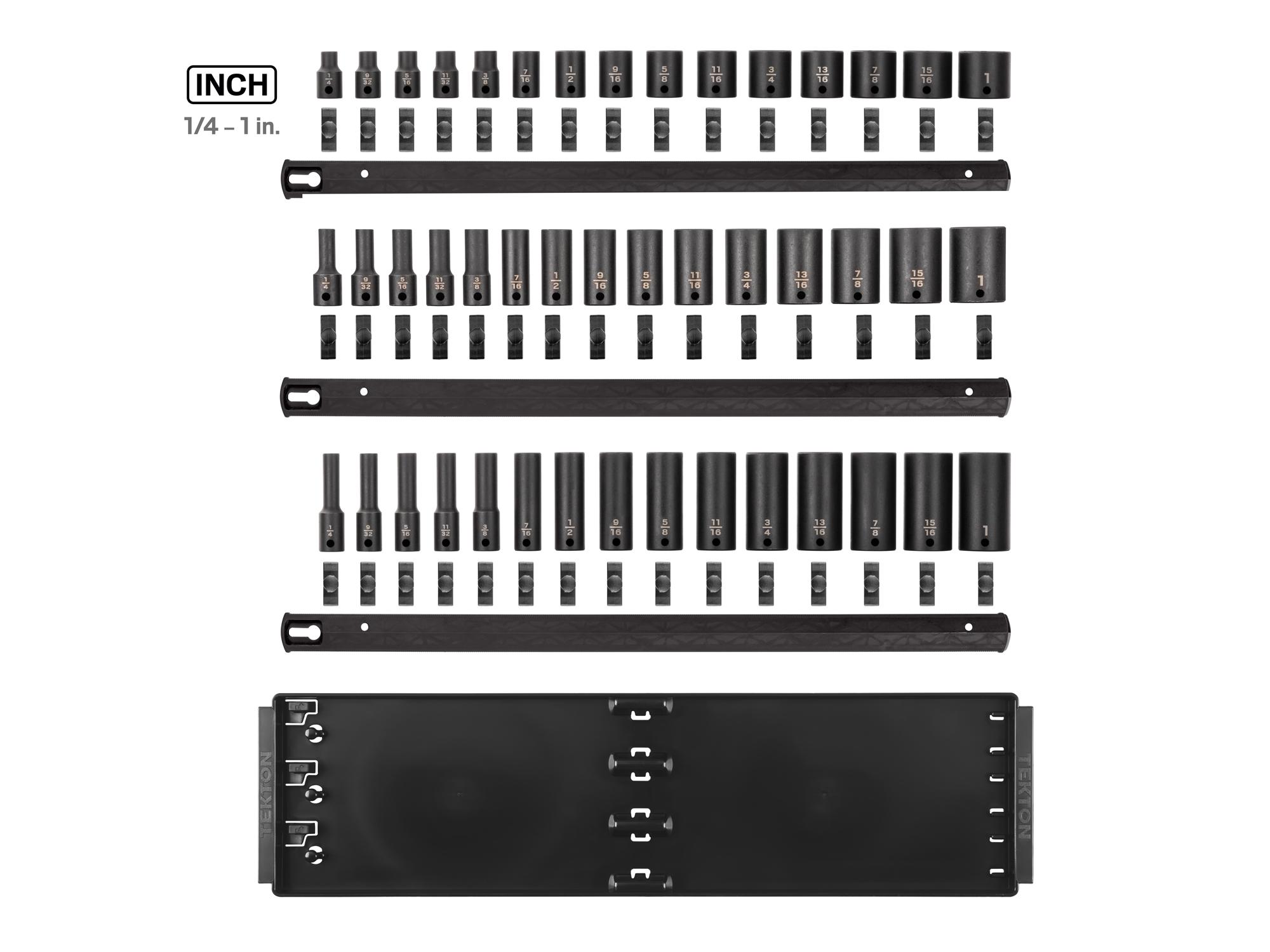 Laid out contents of Tekton rail and tray impact drive 12-point socket set. Item #SID91124
