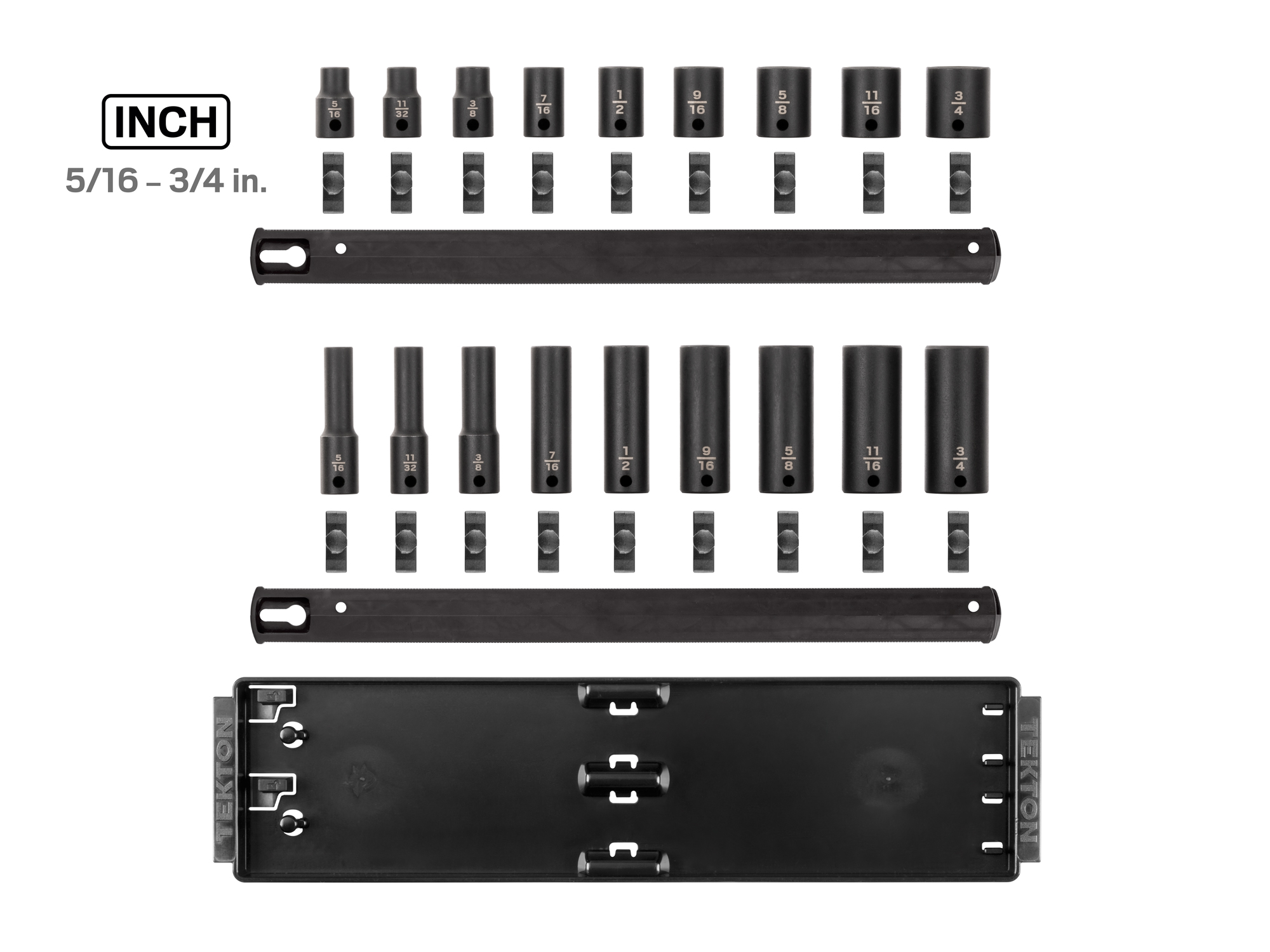 Includes: 5/16-3/4 inch (SAE) 12-point standard and deep sockets. No skipped sizes. Comes with rail and tray storage. SID91212.