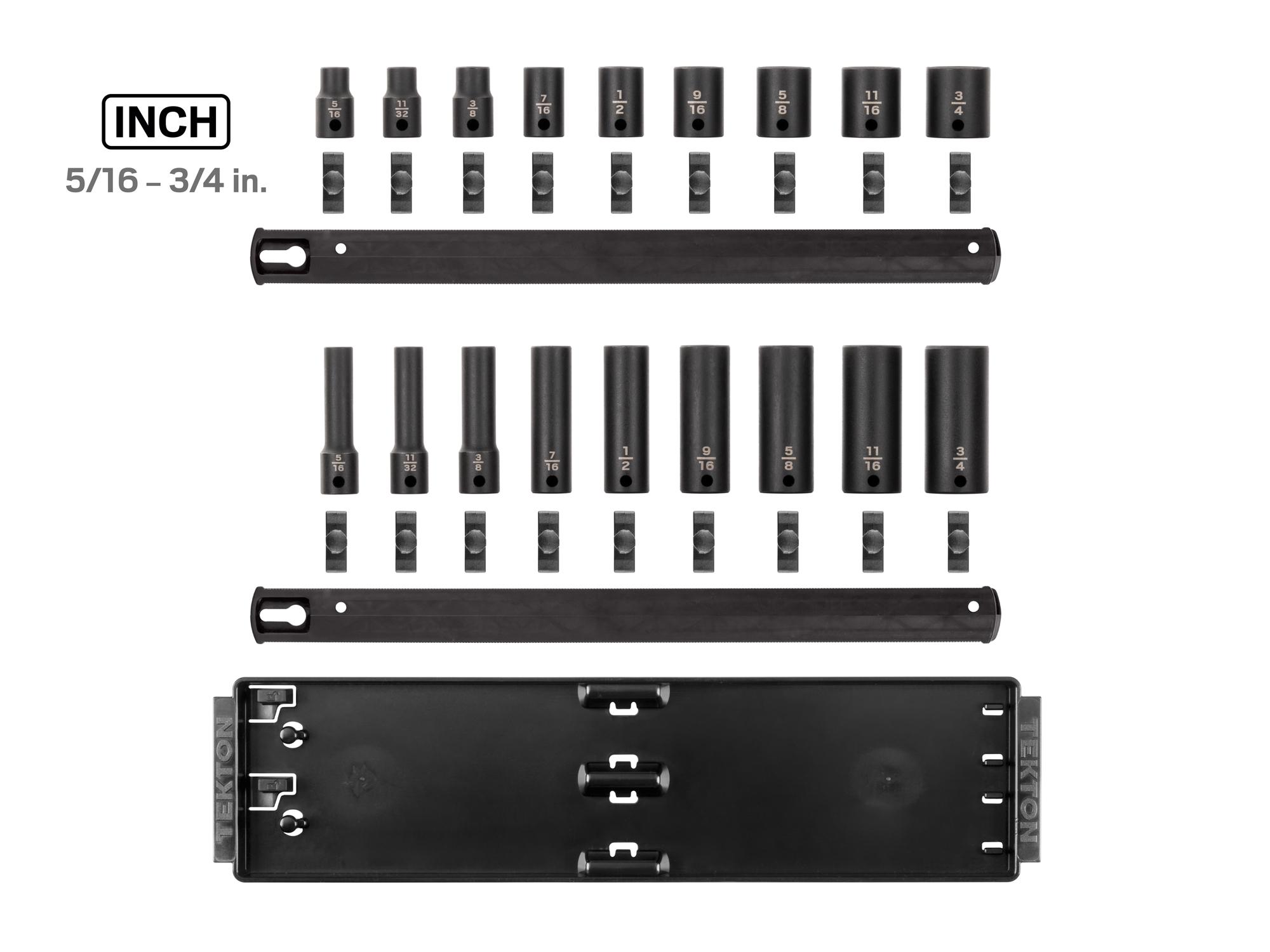 Laid out contents of Tekton rail impact drive 12-point socket set. Item #SID91212