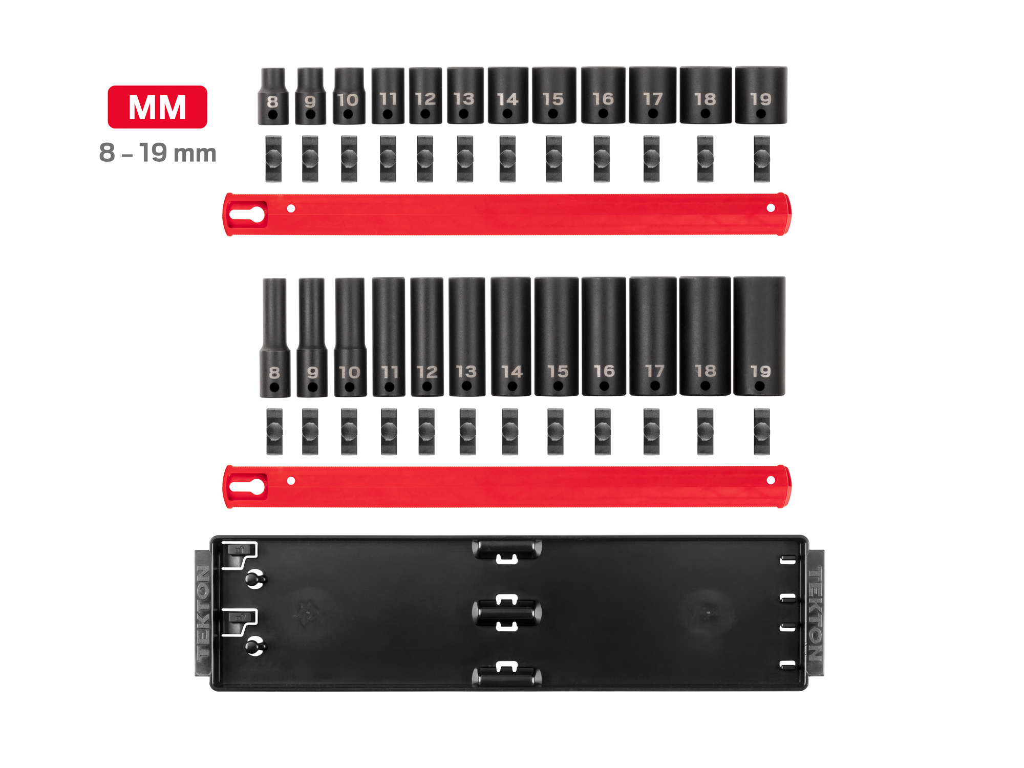 Includes: 8-19 mm (Metric) 12-point standard and deep sockets. No skipped sizes. Comes with rail and tray storage. SID91213.