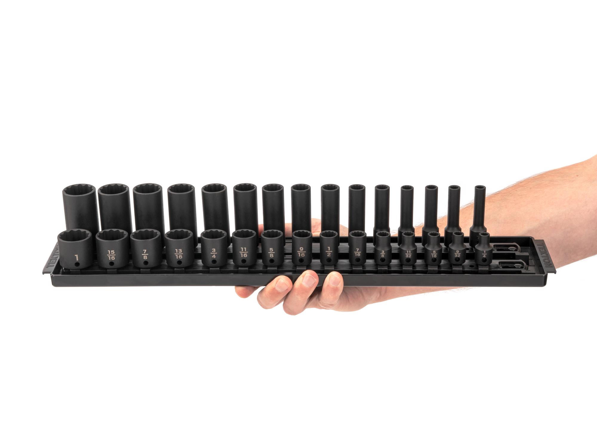 Person holding Tekton rail impact drive 12-point socket set. Item #SID91214