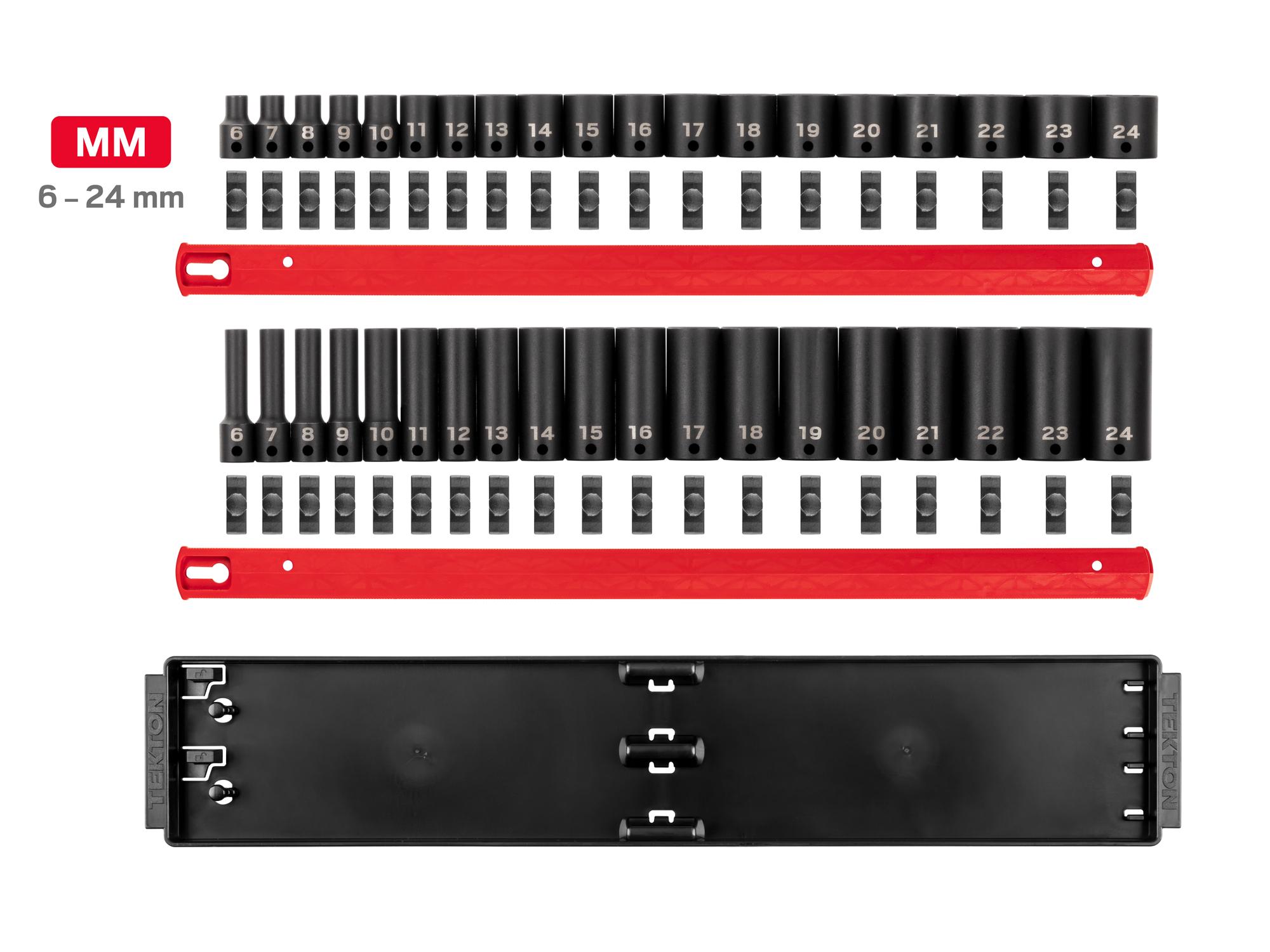 Laid out contents of Tekton rail impact drive 12-point socket set. Item #SID91215