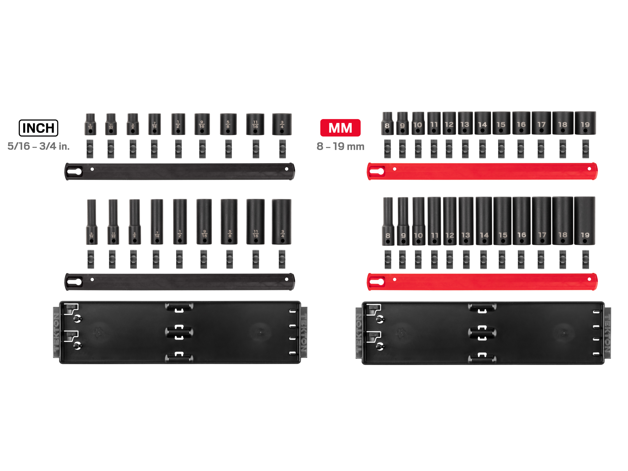 Includes 5/16-3/4 inch (SAE), 8-19 mm (Metric) 12-point impact sockets. No skipped sizes. Comes with rail storage. SID91217.