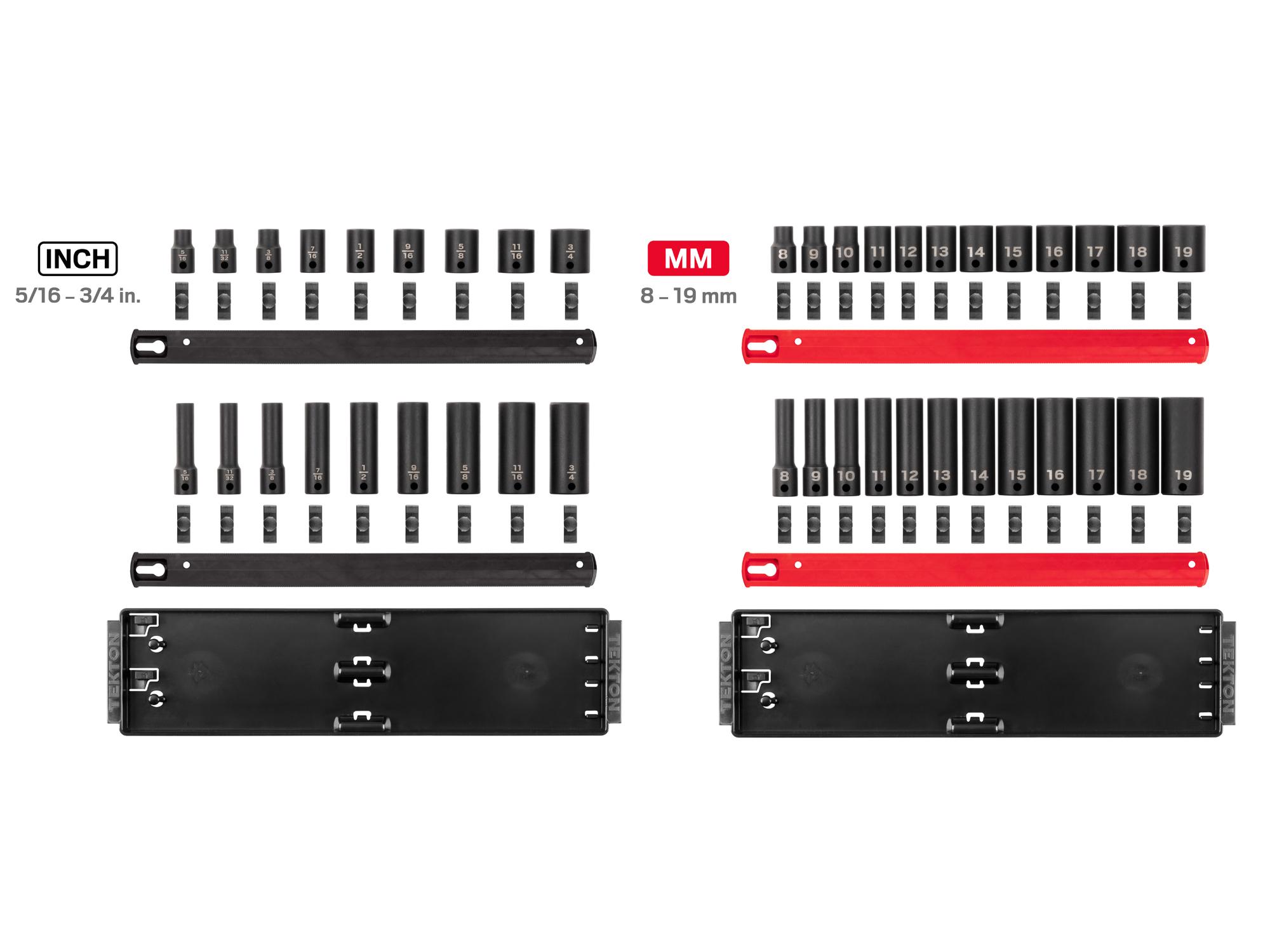 Laid out contents of Tekton rail impact drive 12-point socket set. Item #SID91217