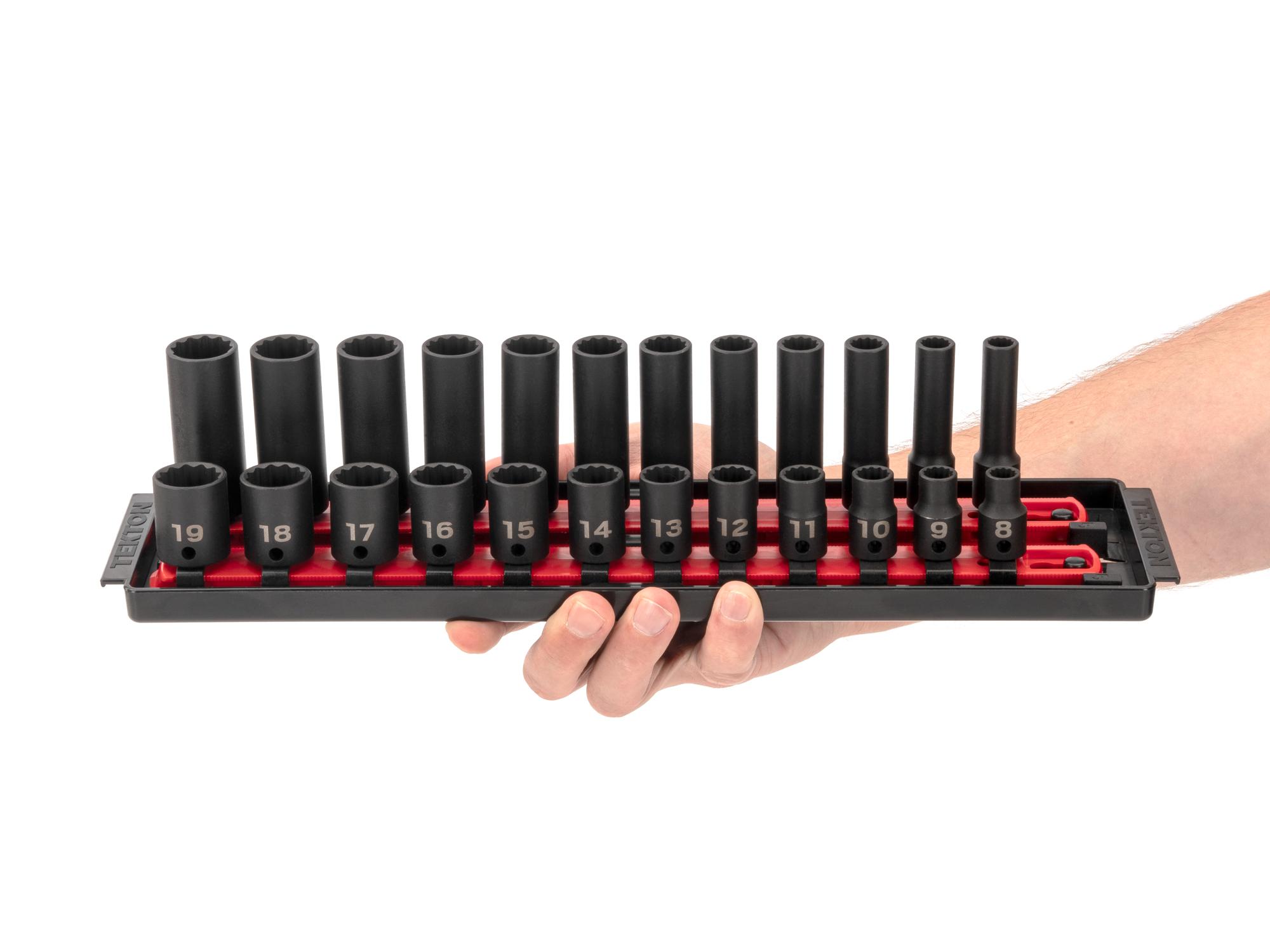 Person holding Tekton rail impact drive 12-point socket set. Item #SID91217