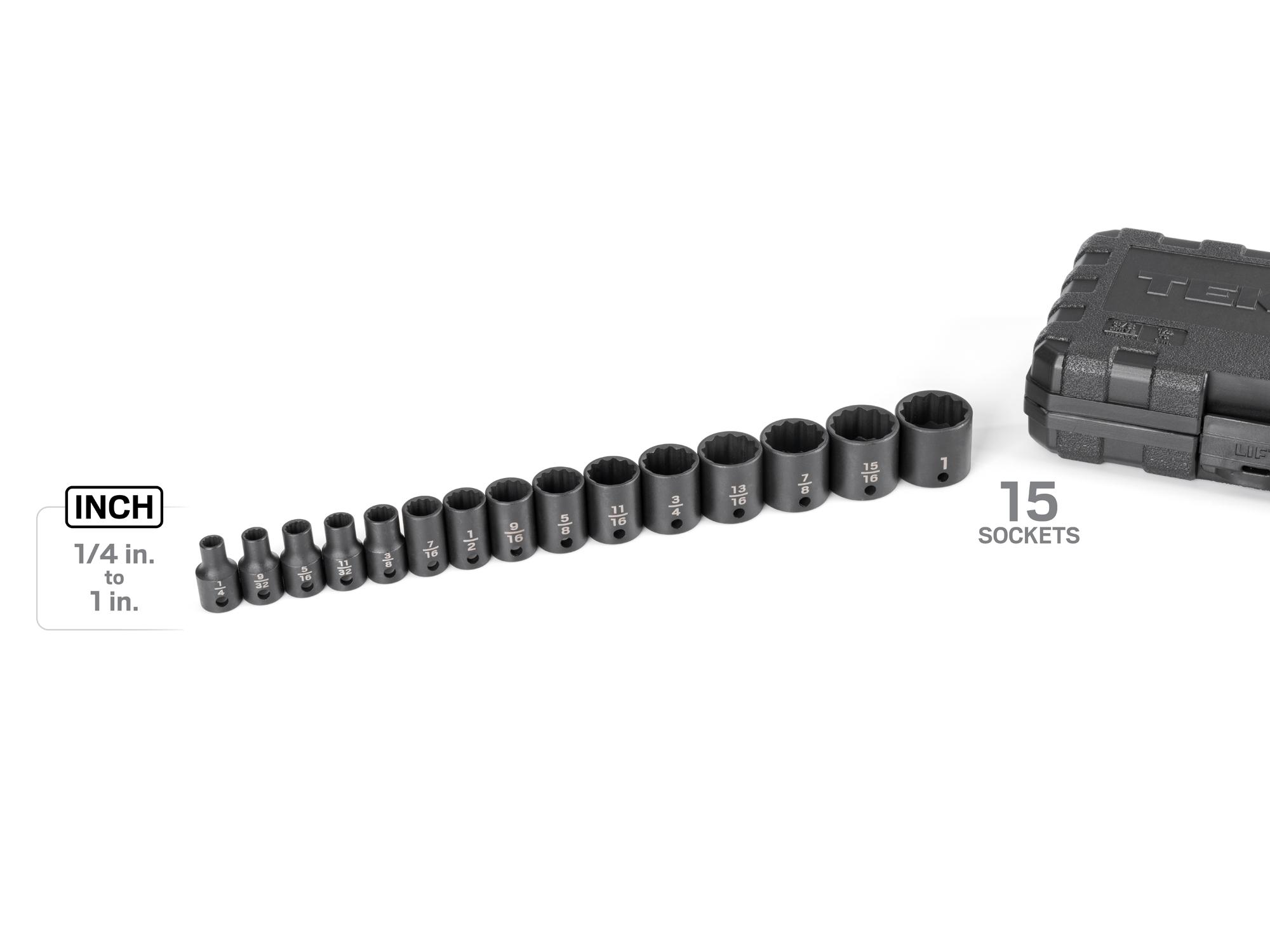 Laid out contents of Tekton case impact drive 12-point socket set. Item #SID91304