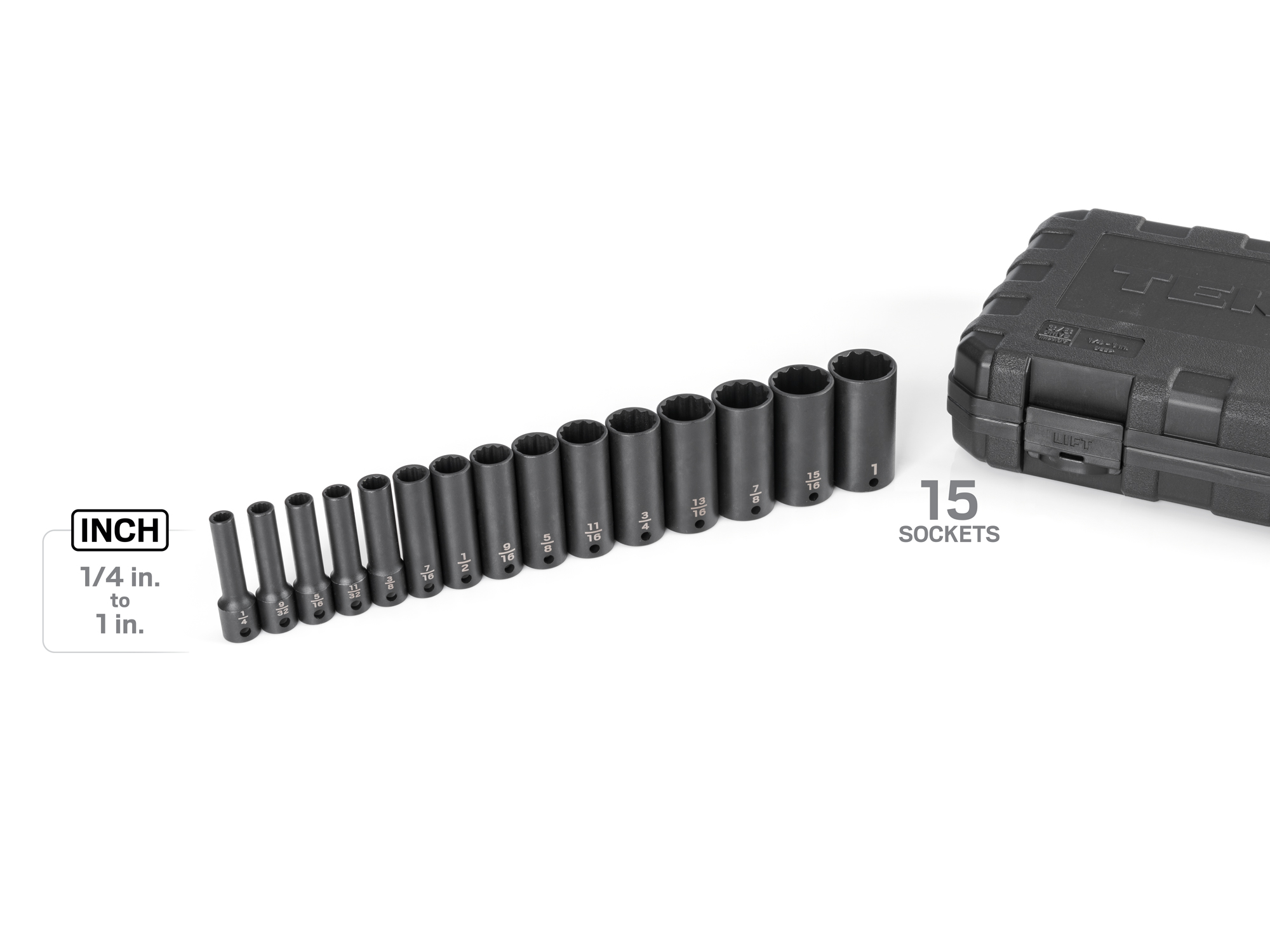 3/8 Inch Drive Deep 12-Point Impact Socket Set (1/4-1 in.) | TEKTON