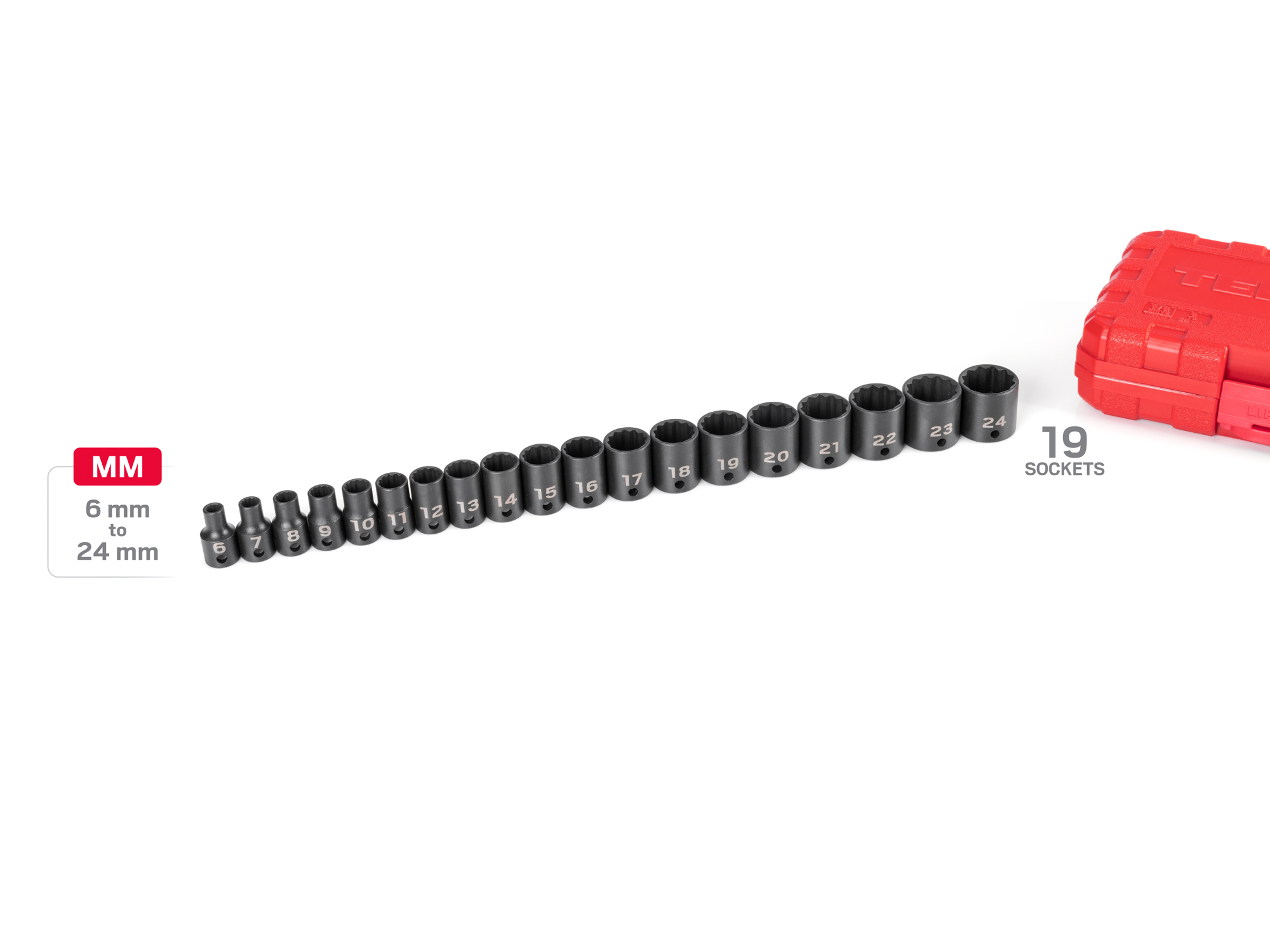 Includes: 6-24 mm (Metric) 12-point standard-length sockets in case. Laser etched size marking and permanent stamped size marking. No skipped sizes. SID91306.