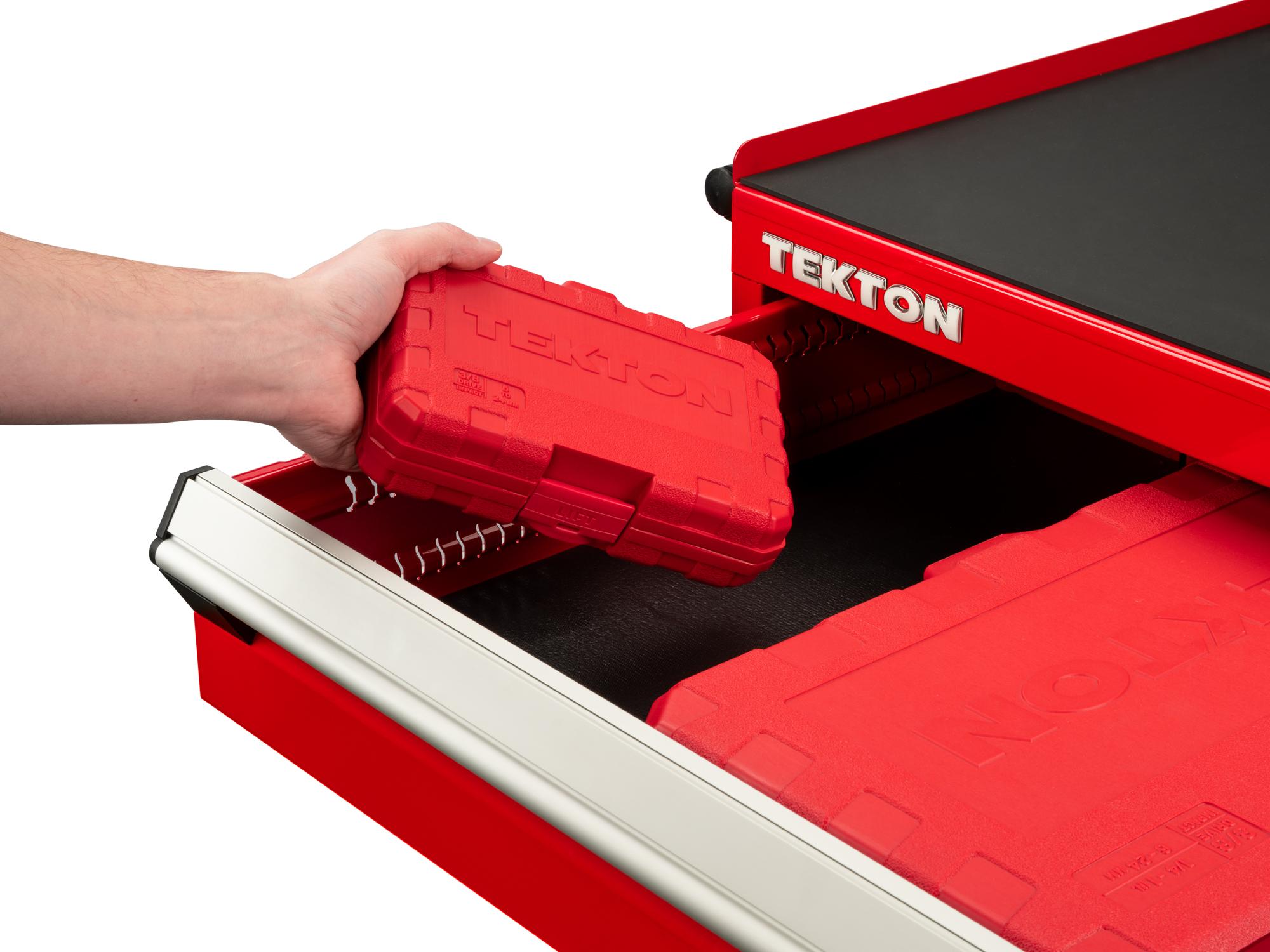 Front angled view of Tekton case impact drive 12-point socket set in a tool cabinet drawer. Item #SID91306