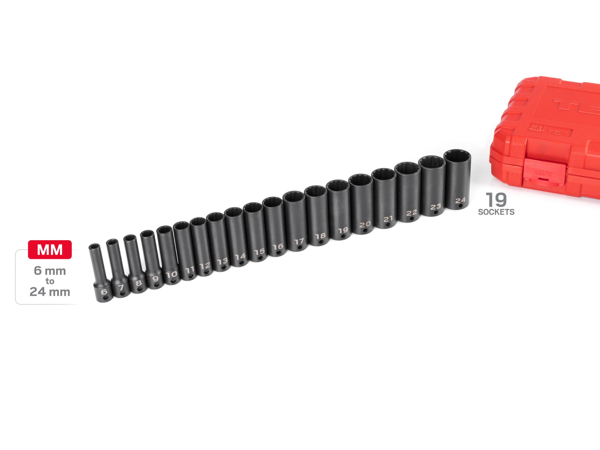 Laid out contents of Tekton case impact drive 12-point socket set. Item #SID91307