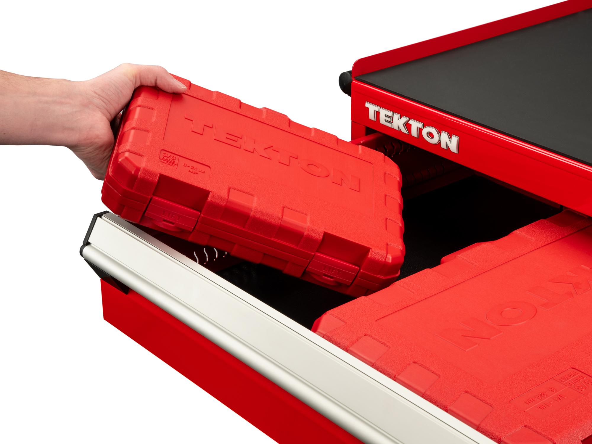 Front angled view of Tekton case impact drive 12-point socket set in a tool cabinet drawer. Item #SID91307