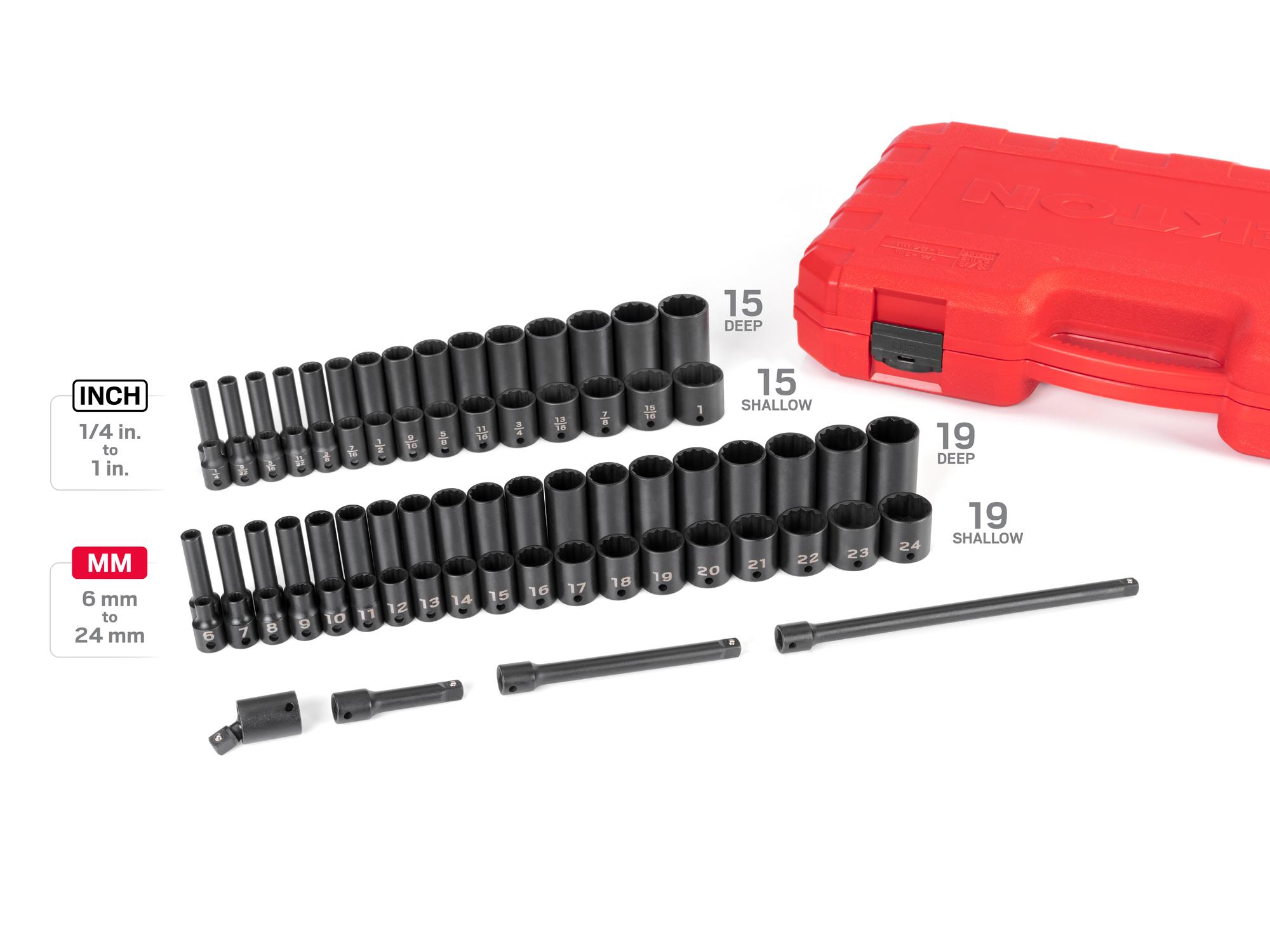 Laid out contents of Tekton case impact drive 12-point socket set. Item #SID91406