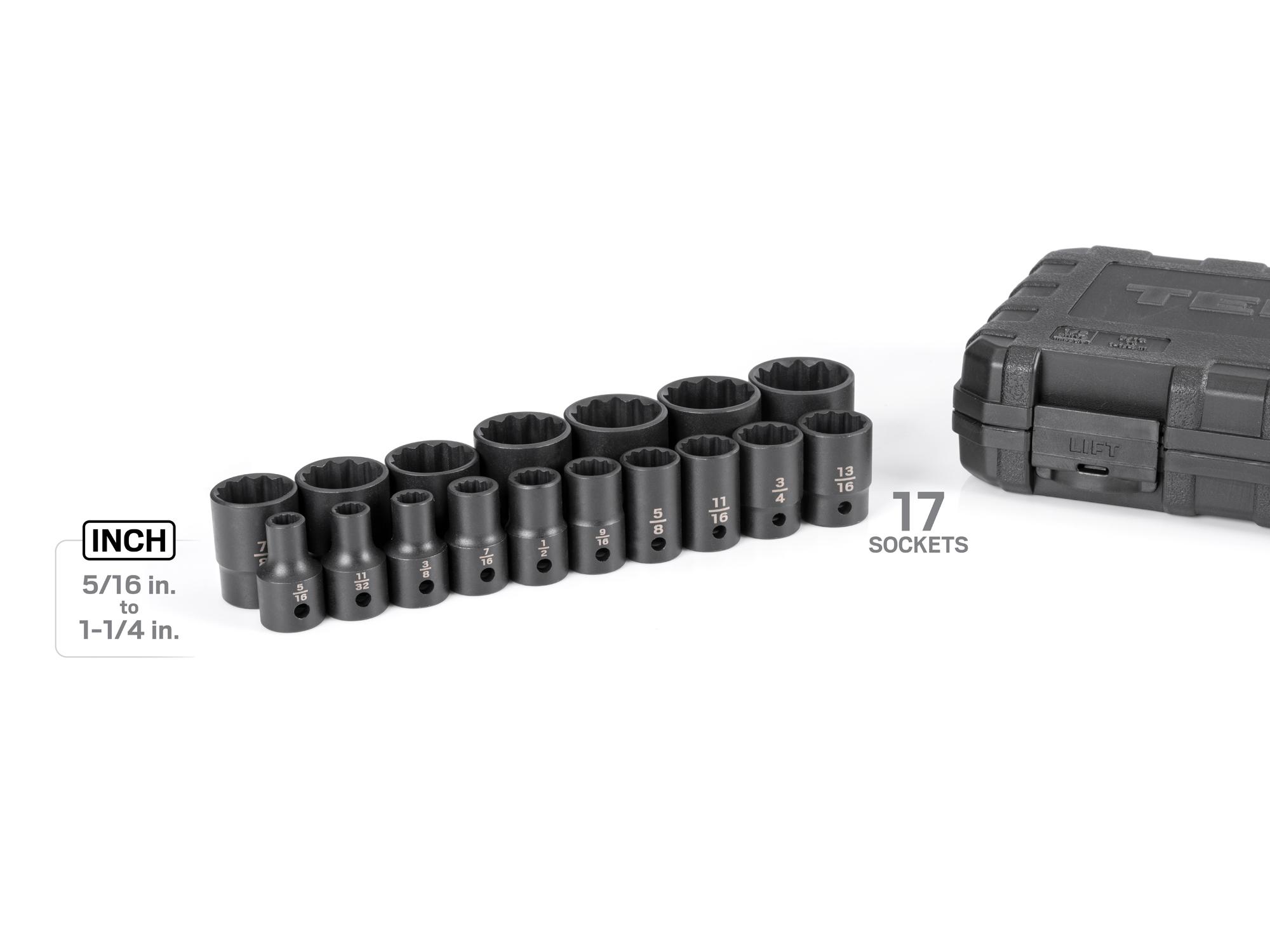Laid out contents of Tekton case impact drive 12-point socket set. Item #SID92336
