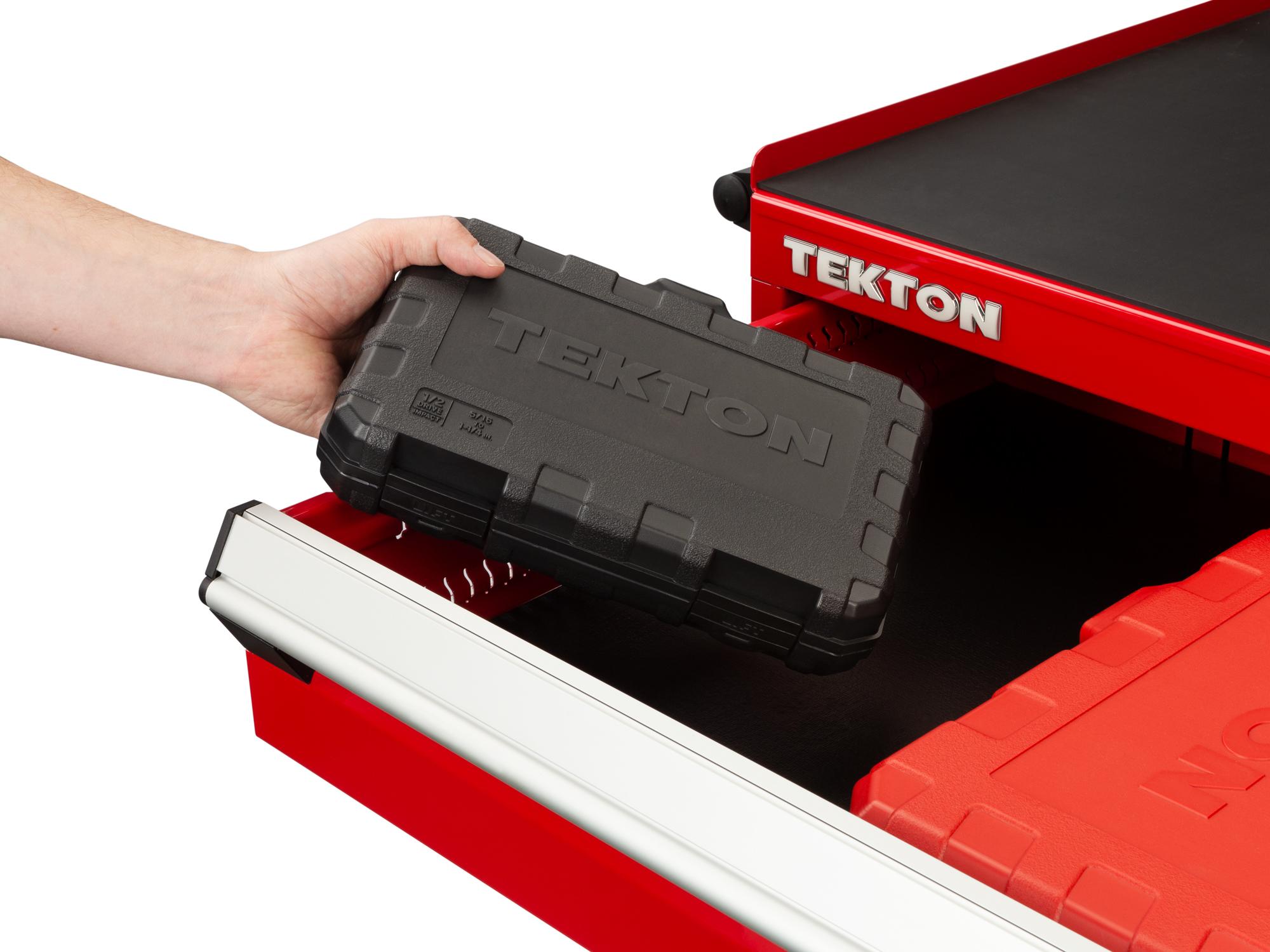 Front angled view of Tekton case impact drive 12-point socket set in a tool cabinet drawer. Item #SID92336