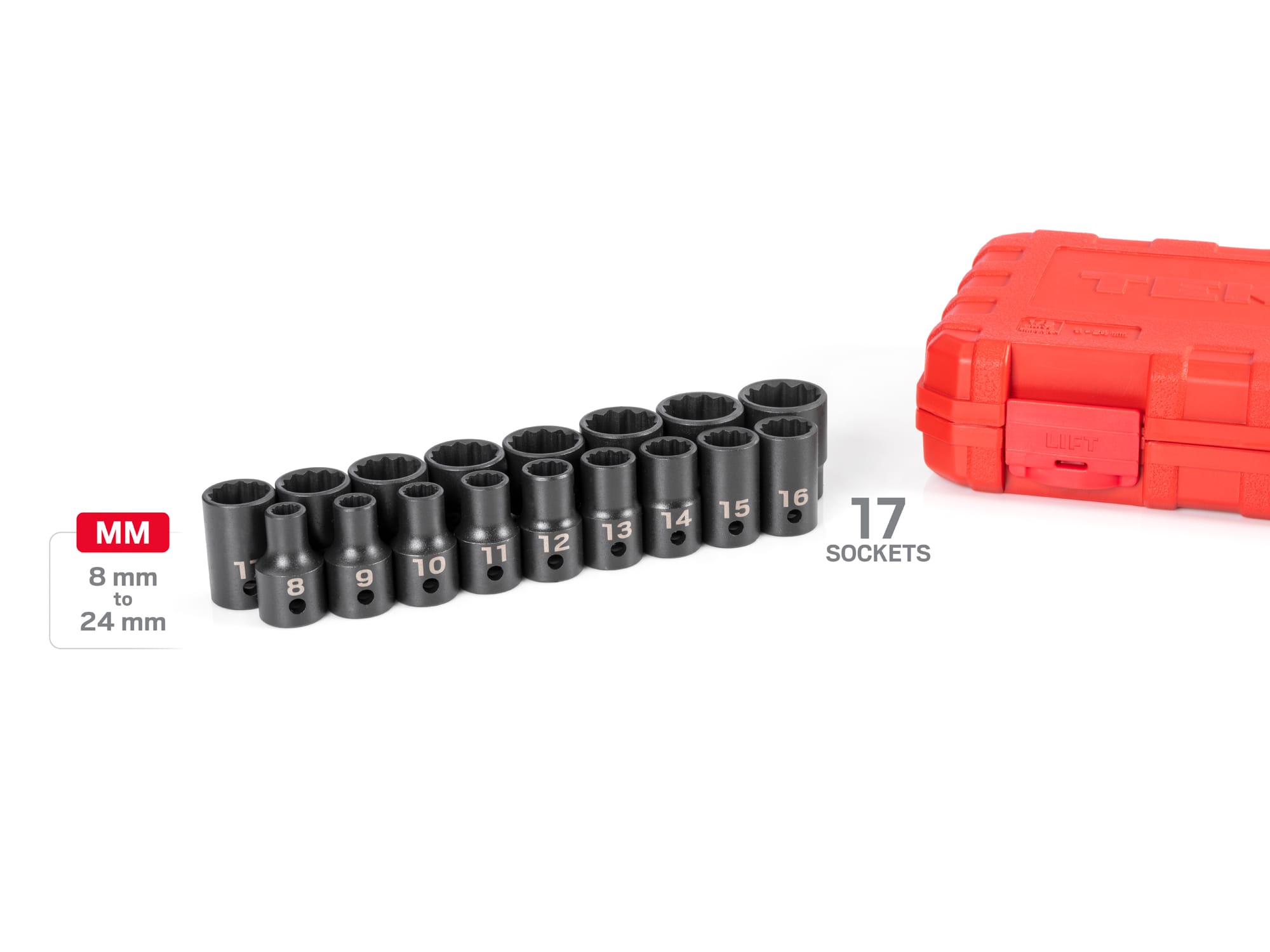1/2 Inch Drive Shallow 12-Point Impact Socket Set (8 - 24 mm) | TEKTON