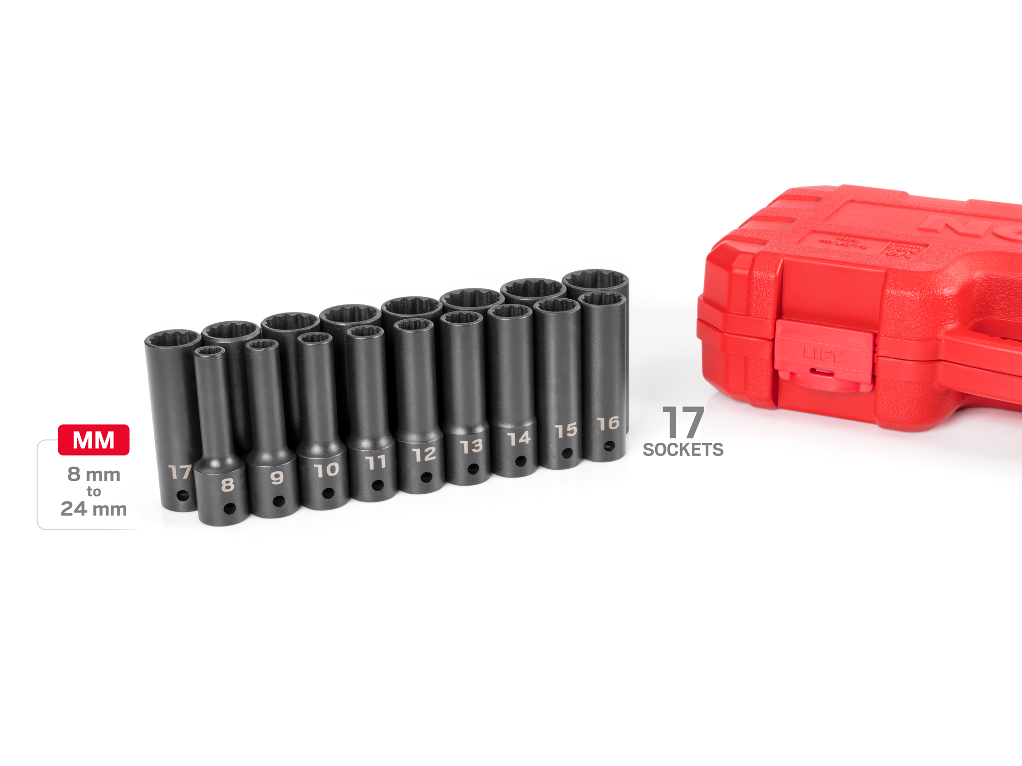 Includes: 8-24 mm (Metric) 12-point deep-length sockets. Has a high-visibility laser etched size marking and a permanent stamped size marking. No skipped sizes.