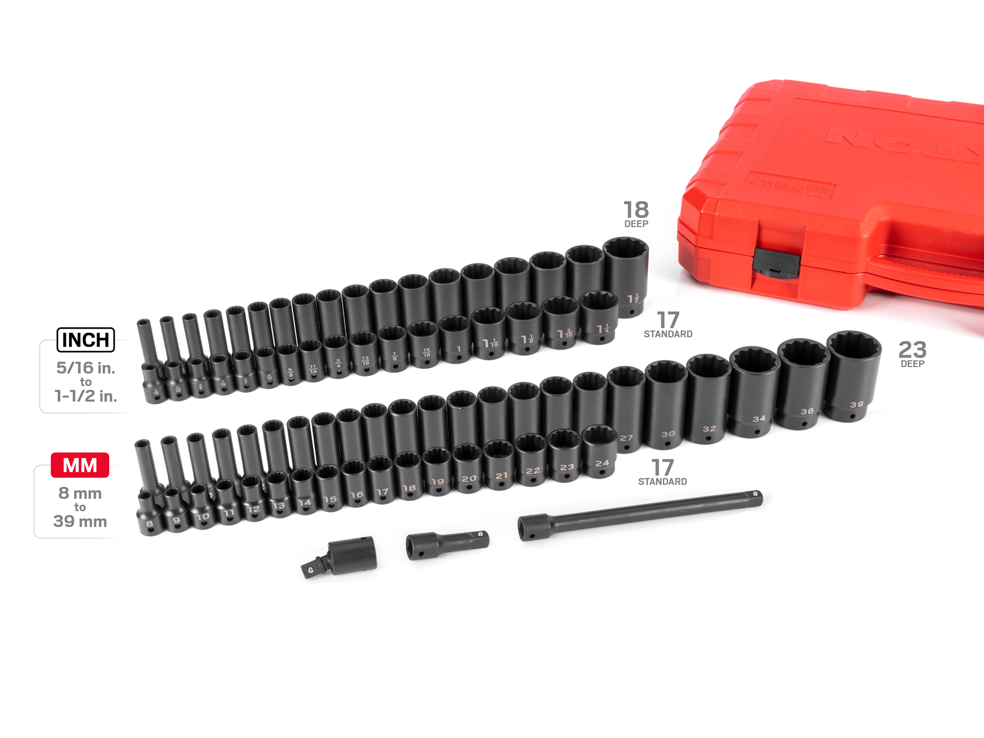 Includes: 5/16 - 1-1/2 inch (SAE), 8-39 mm (Metric) 12-point standard and deep length sockets, extensions, u-joint, and hard case. No skipped sizes. SID92408.