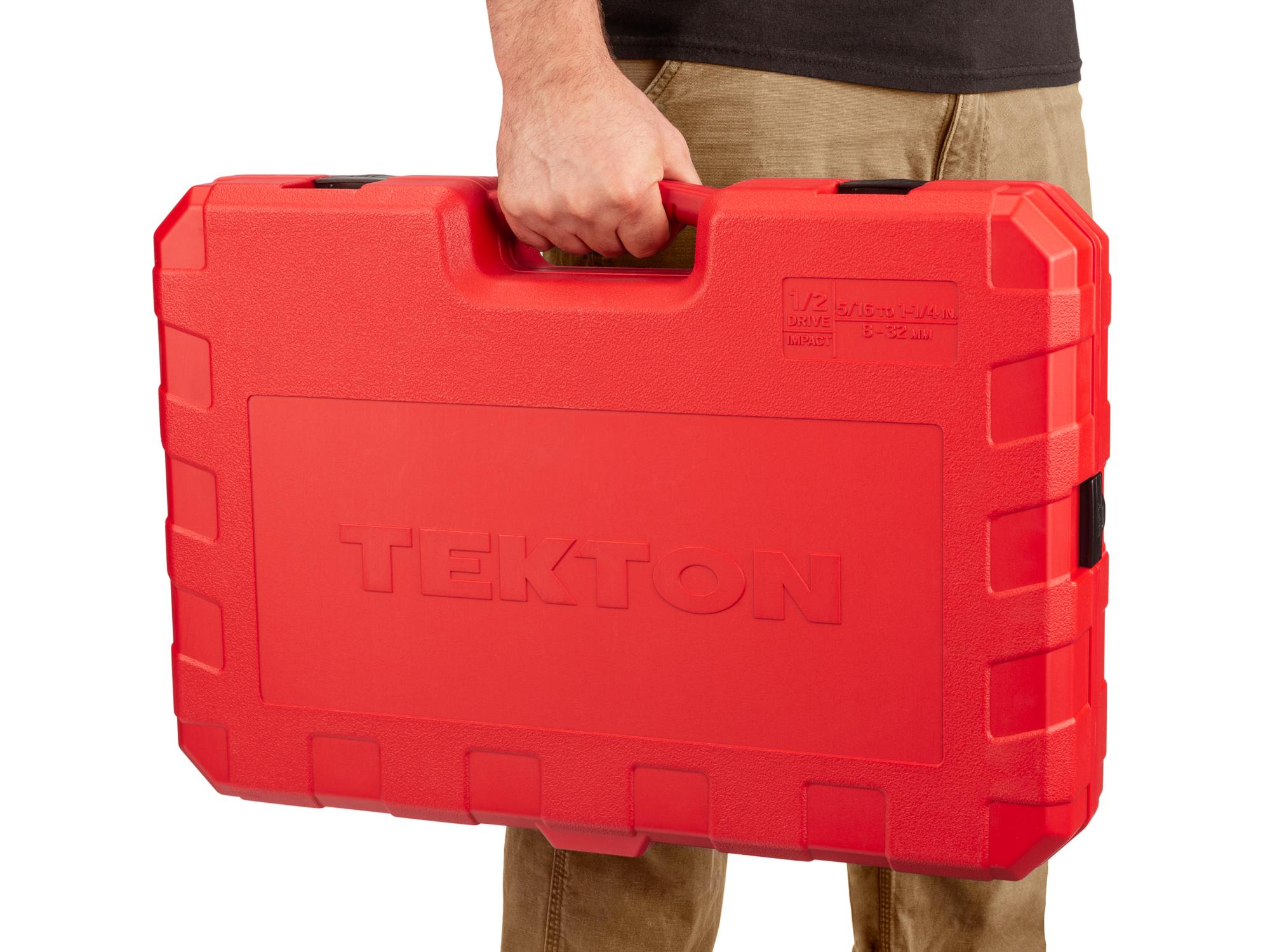 Person holding Tekton case impact drive 12-point socket set. Item #SID92408