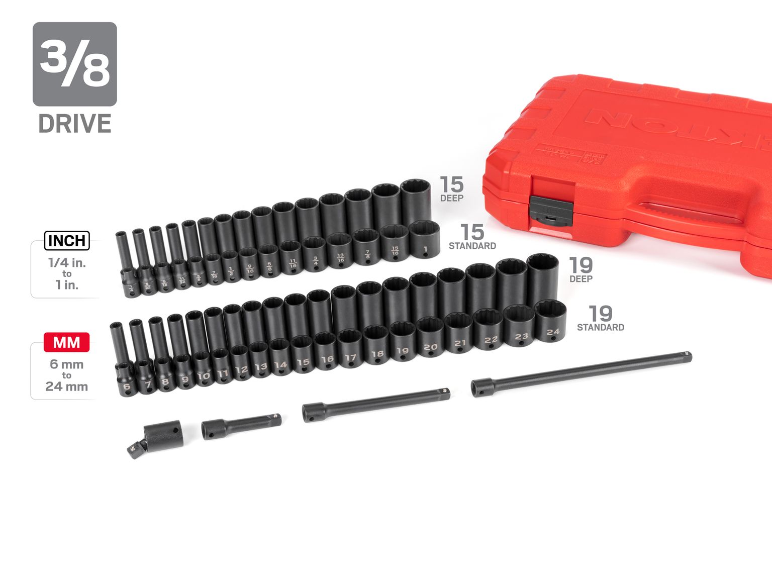 Laid out contents of Tekton case Impact Drive 12-Point Socket set. Item #SID99402