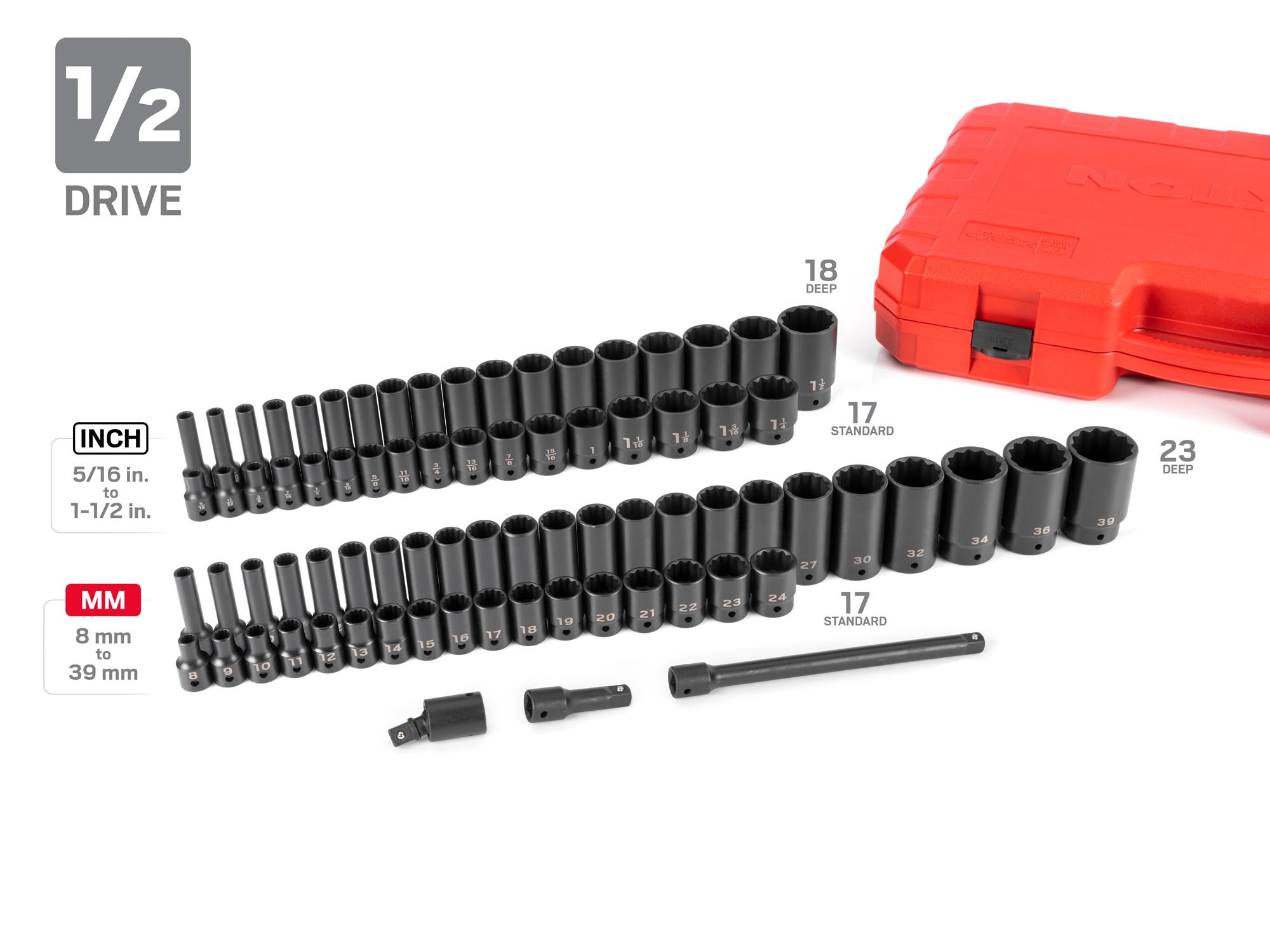 Laid out contents of Tekton case impact drive 12-point socket set. Item #SID99402