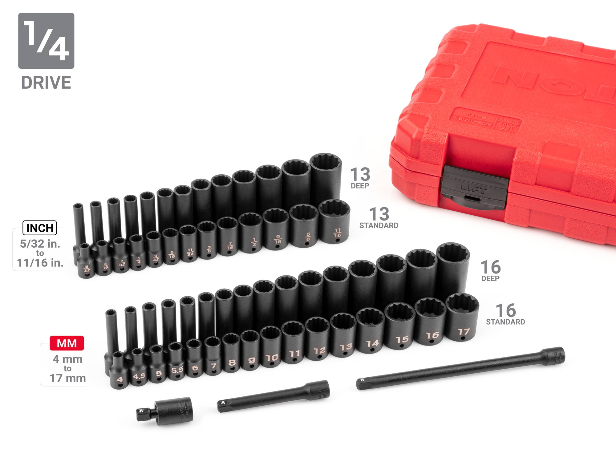 211-piece set includes 5/32–1-1/2 inch (SAE) and 4–39 mm (metric) standard and deep length 12-point impact sockets in durable carrying cases. SID99404.