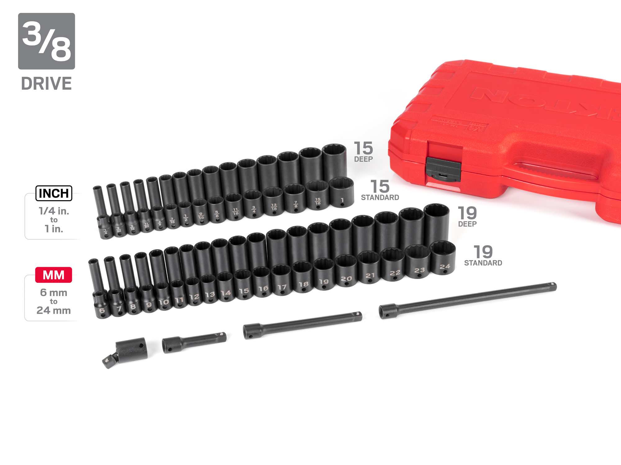 211-piece set includes 5/32–1-1/2 inch (SAE) and 4–39 mm (metric) standard and deep length 12-point impact sockets in durable carrying cases. SID99404.