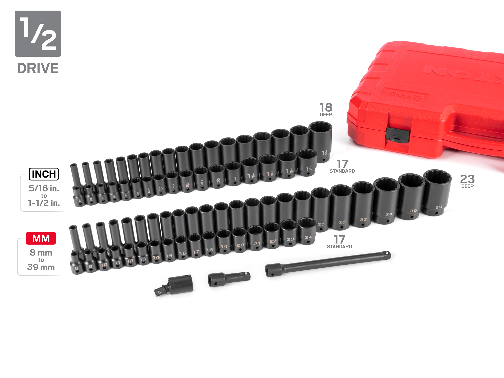 211-piece set includes 5/32–1-1/2 inch (SAE) and 4–39 mm (metric) standard and deep length 12-point impact sockets in durable carrying cases. SID99404.