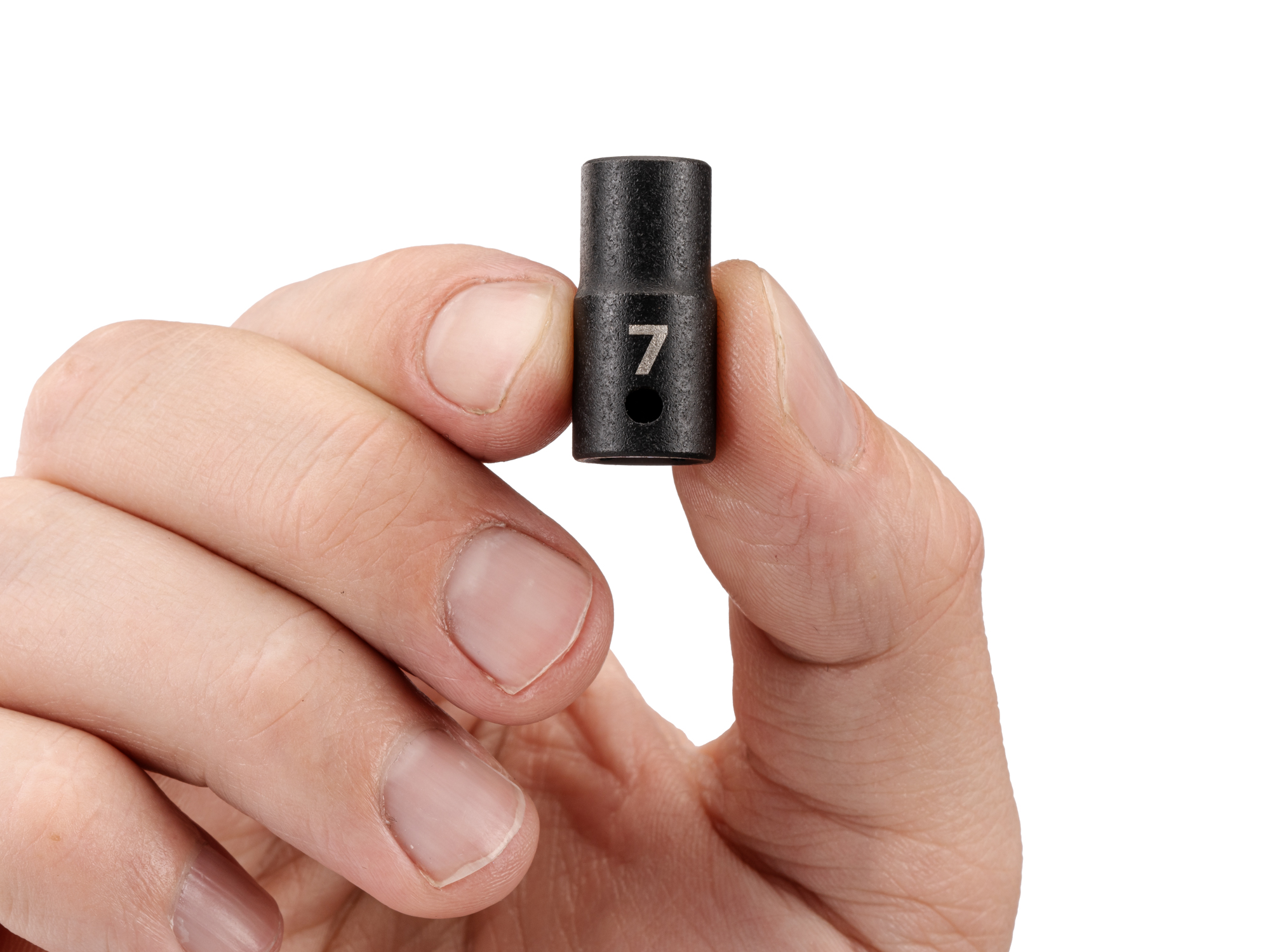 Person holding  Tekton 7 millimeterimpact drive 6-point socket