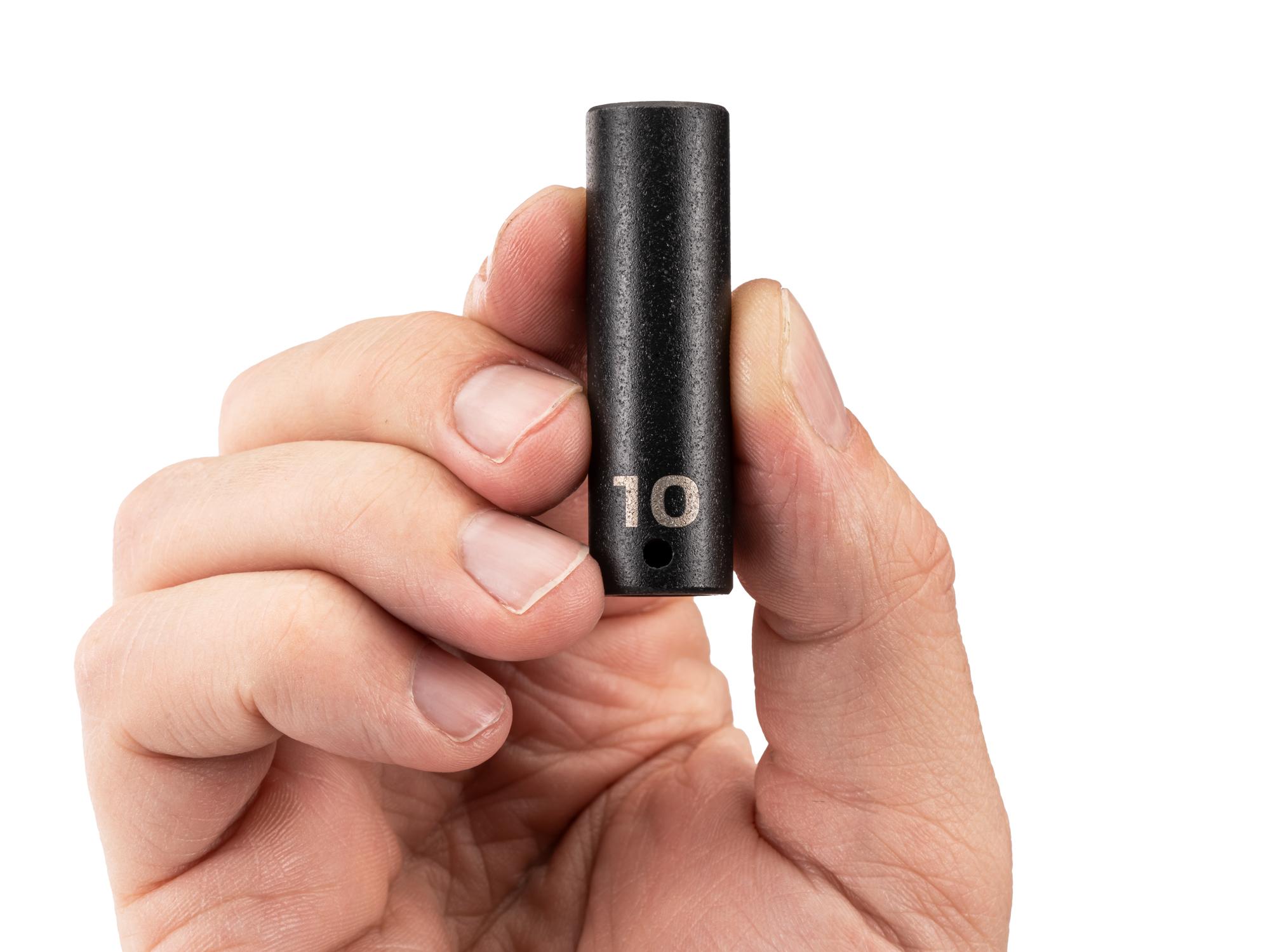 Person holding Tekton impact drive 6-point socket. Item #SID03110