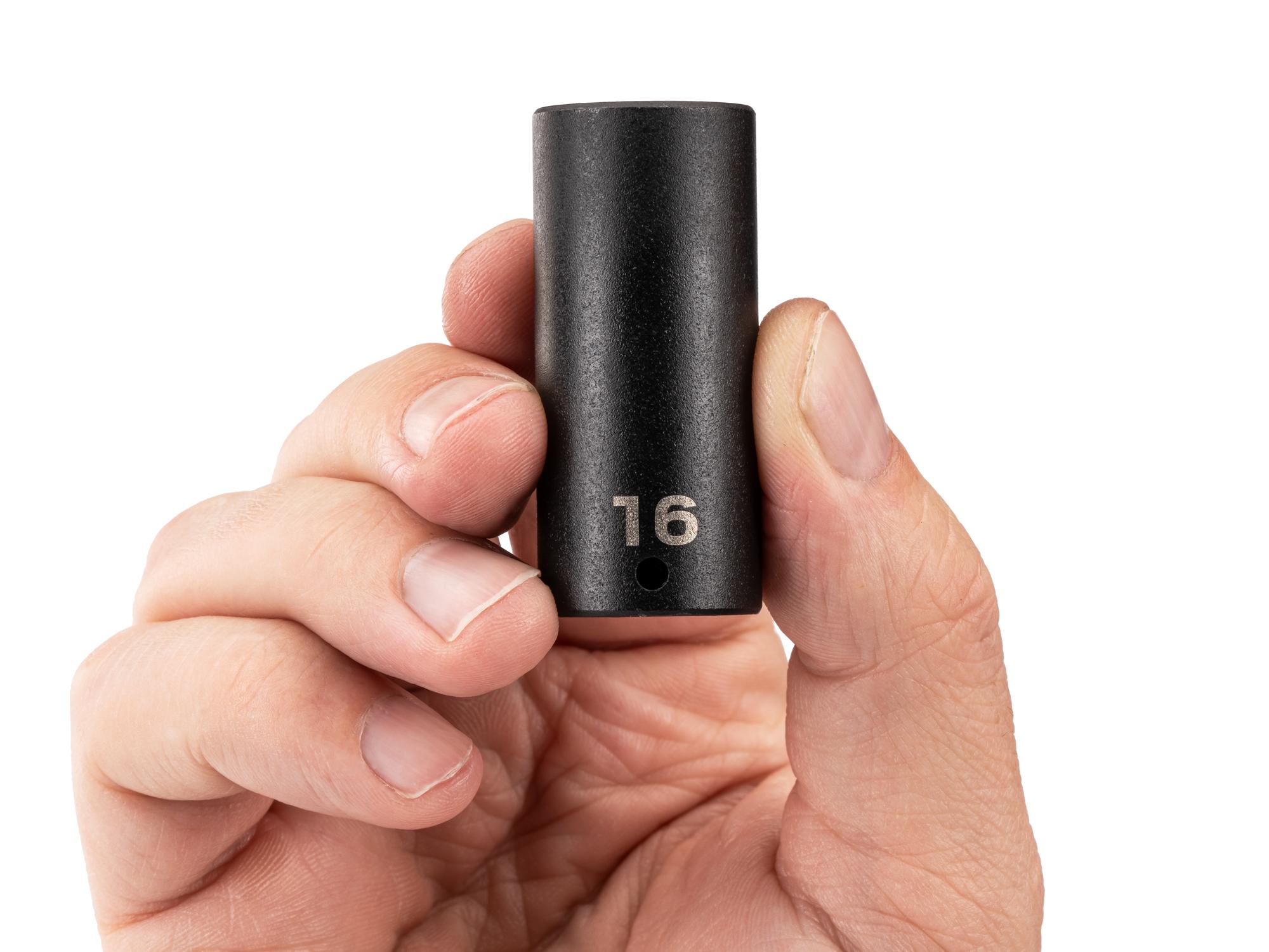 Person holding Tekton impact drive 6-point socket. Item #SID03116
