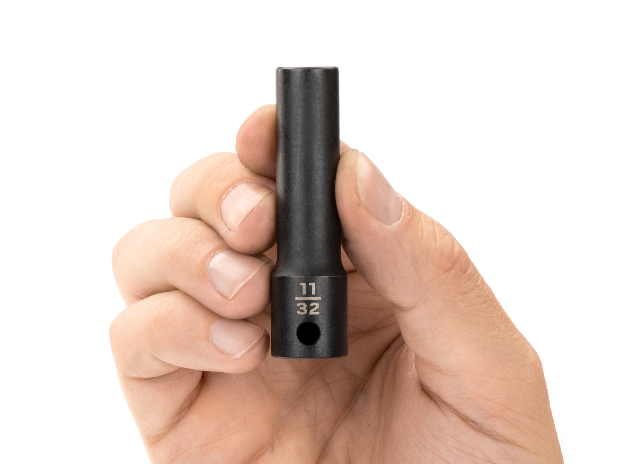 Person holding Tekton impact drive 12-point socket. Item #SID13209