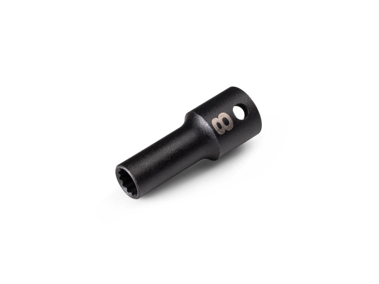 Front-right angle view of Tekton 8 millimeter impact drive 12-point socket. Item #SID14308