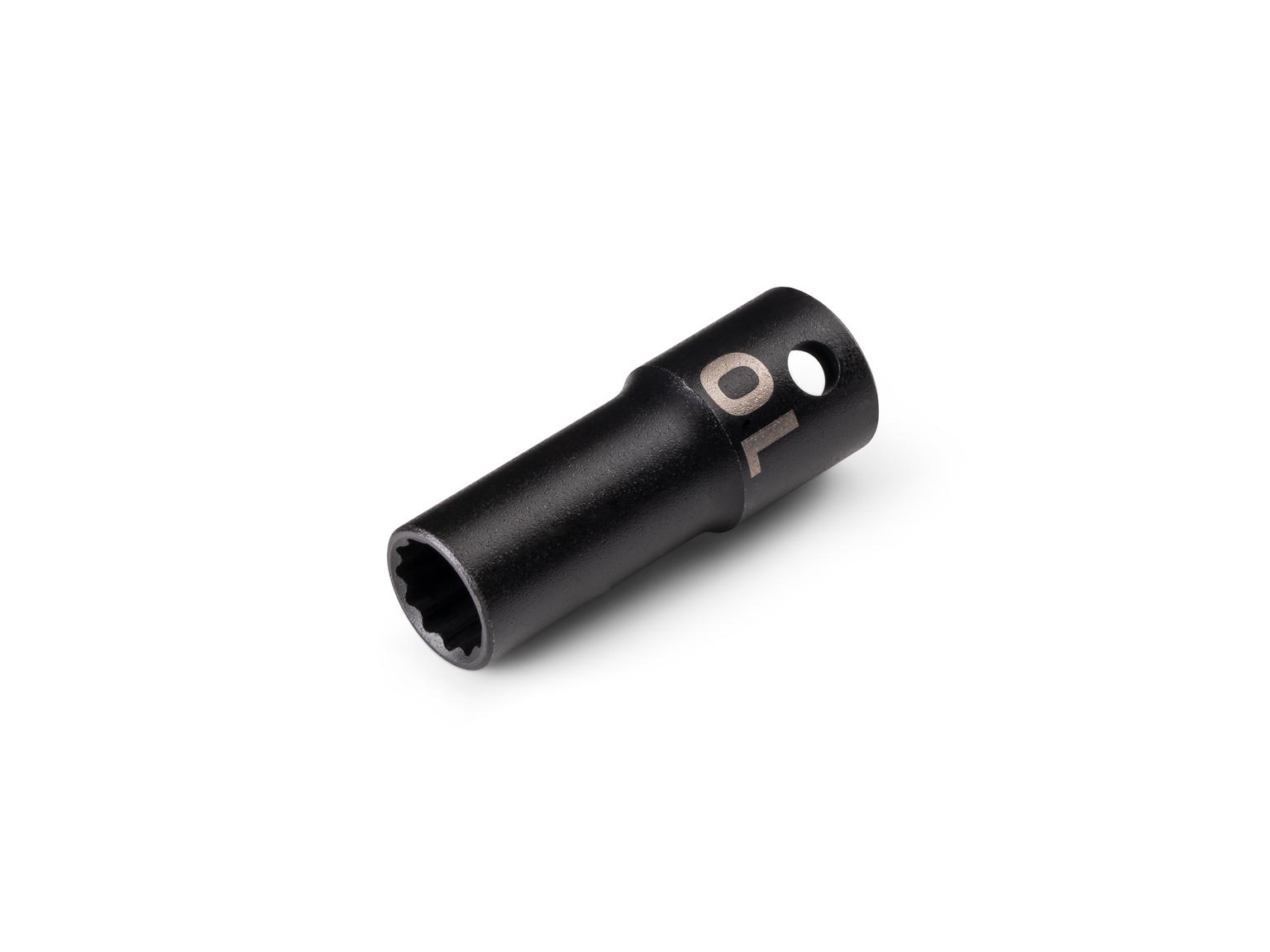 Front-right angle view of Tekton 10 millimeter impact drive 12-point socket. Item #SID14310