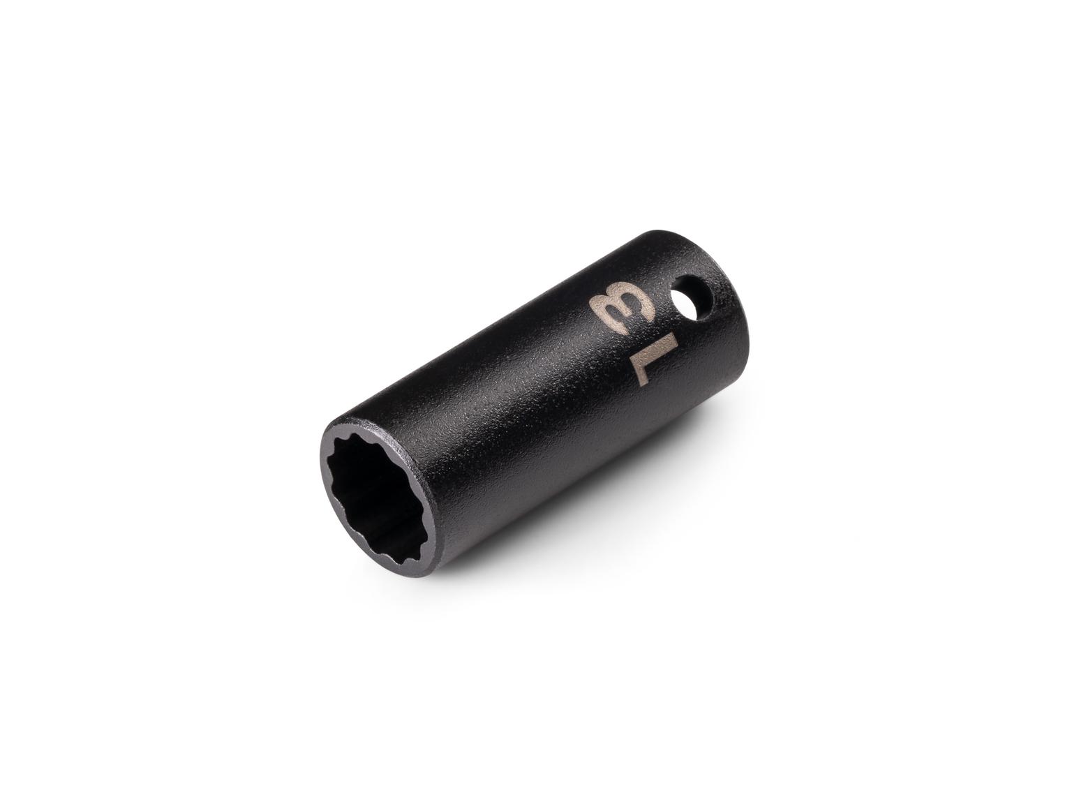 Front-right angle view of Tekton 13 millimeter impact drive 12-point socket. Item #SID14313