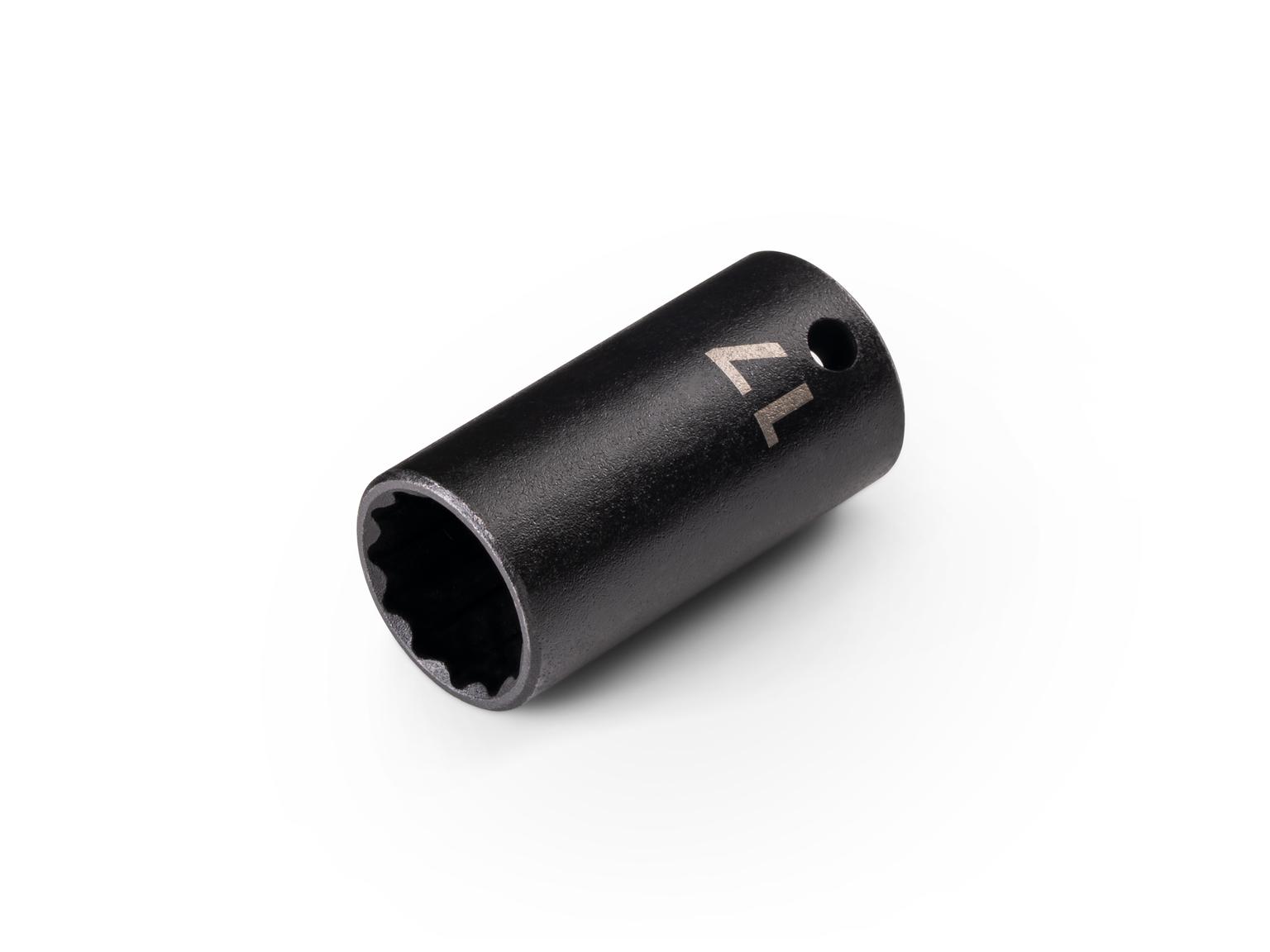 Front-right angle view of Tekton 17 millimeter impact drive 12-point socket. Item #SID14317