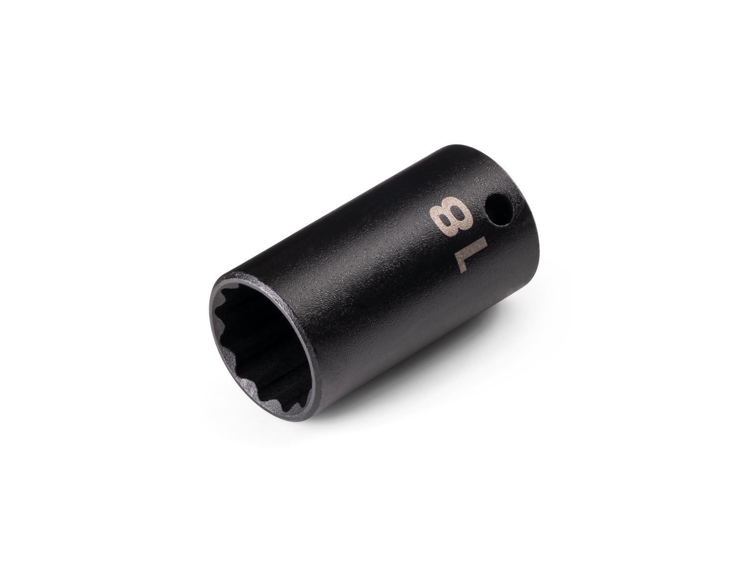 Front-right angle view of Tekton 18 millimeter impact drive 12-point socket. Item #SID14318