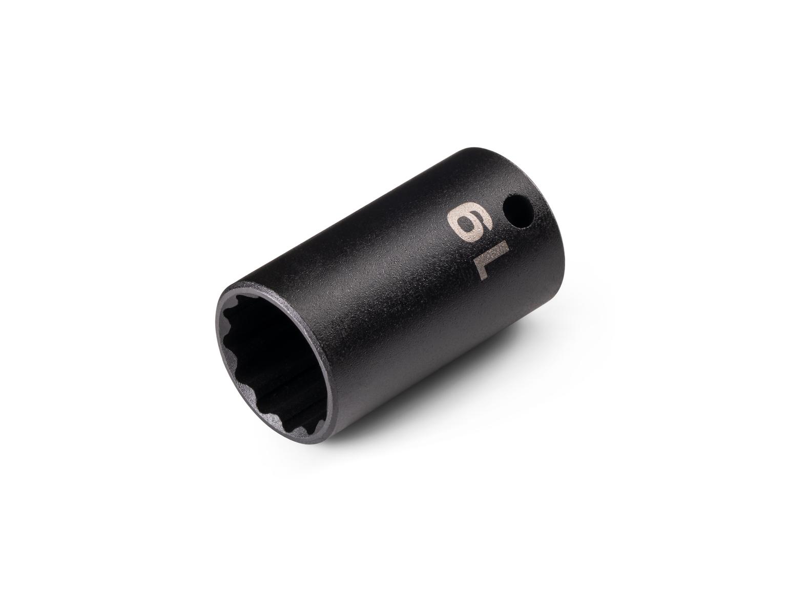 Front-right angle view of Tekton 19 millimeter impact drive 12-point socket. Item #SID14319