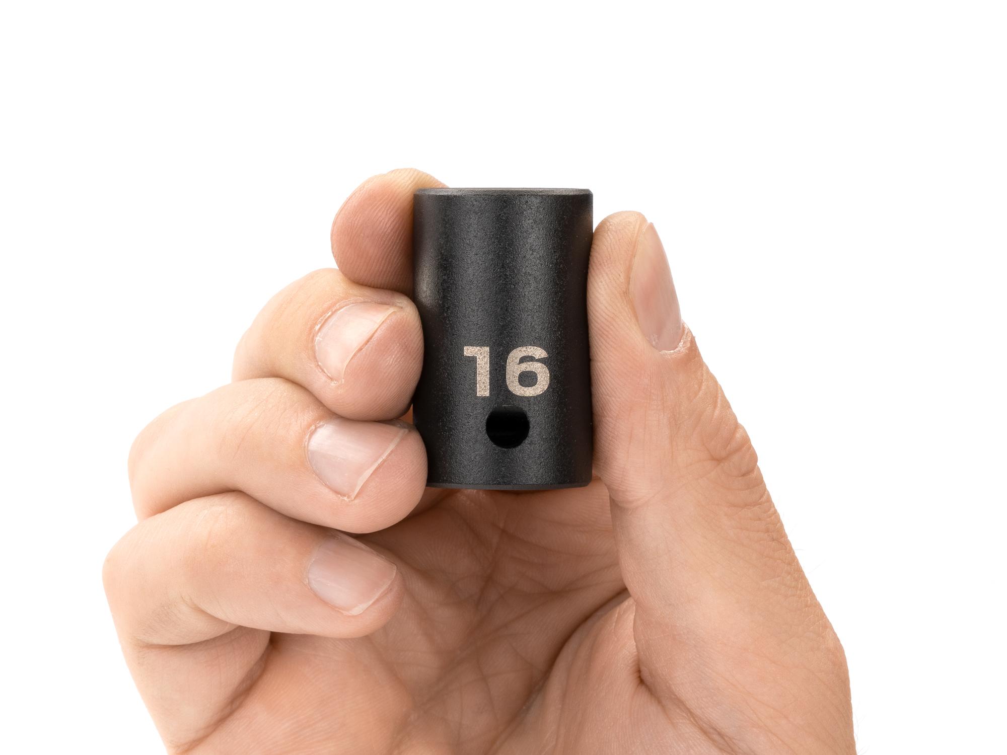 Person holding Tekton impact drive 12-point socket. Item #SID22316