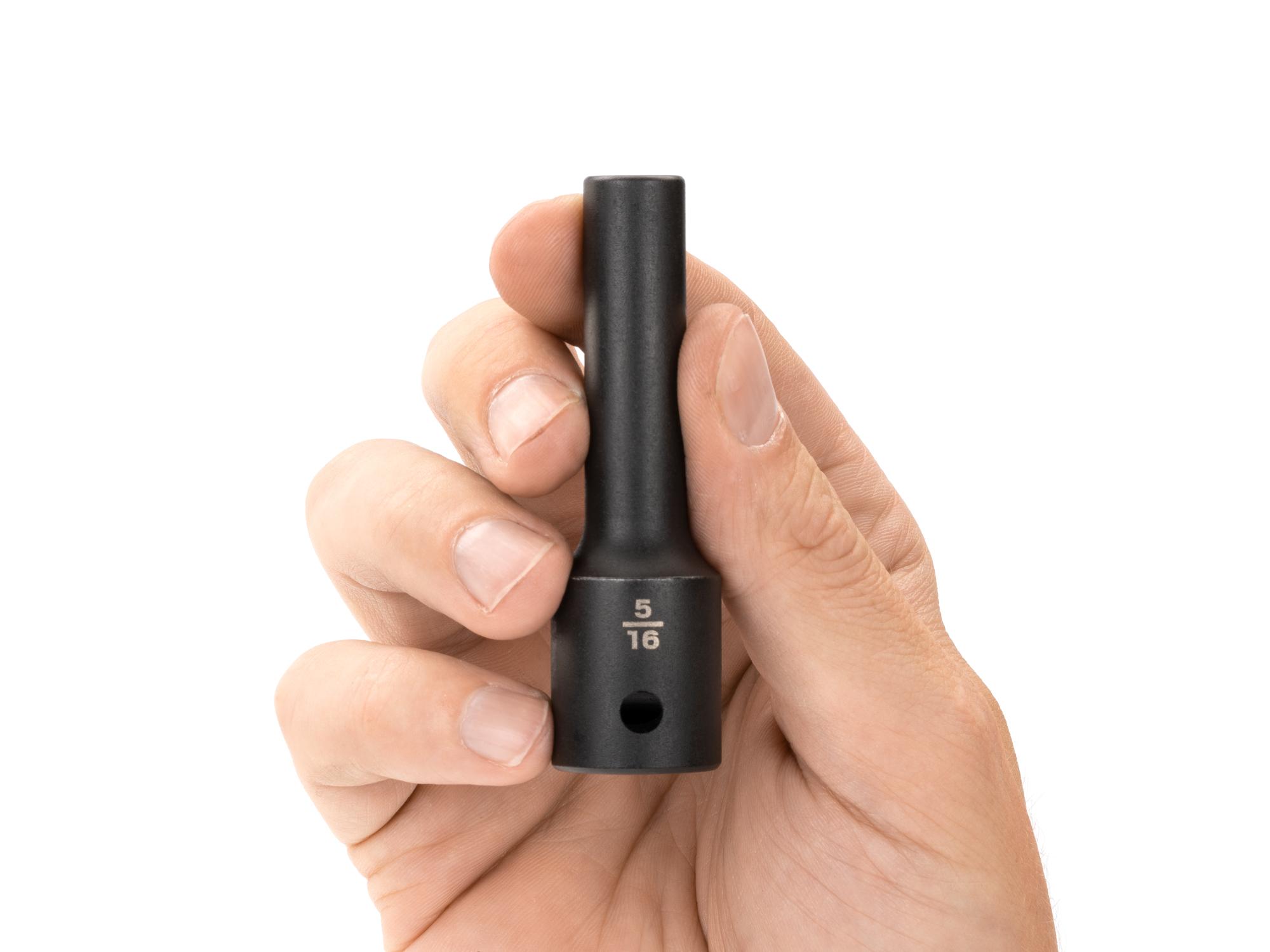 Person holding Tekton impact drive 12-point socket. Item #SID23208