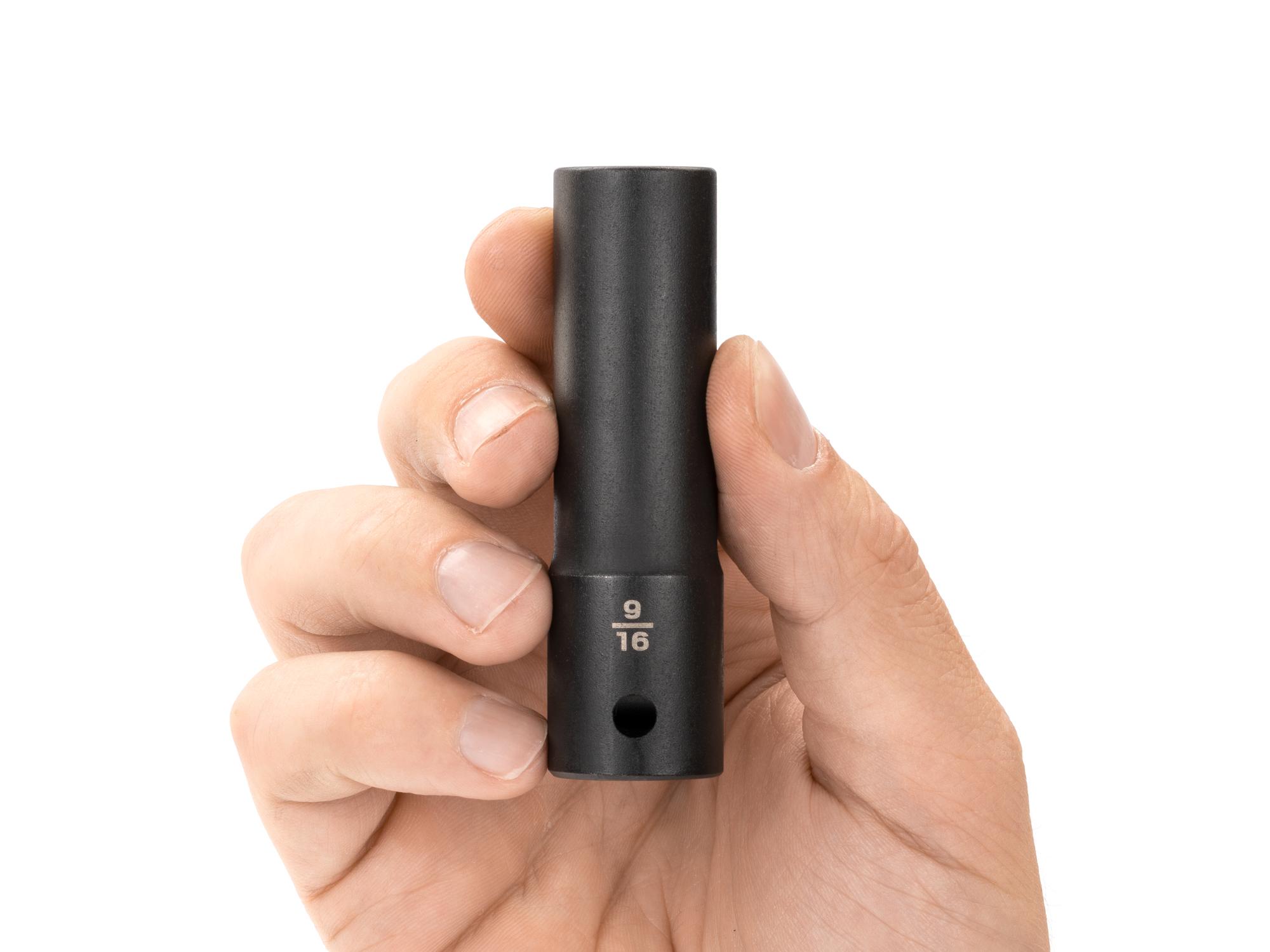 Person holding Tekton impact drive 12-point socket. Item #SID23214