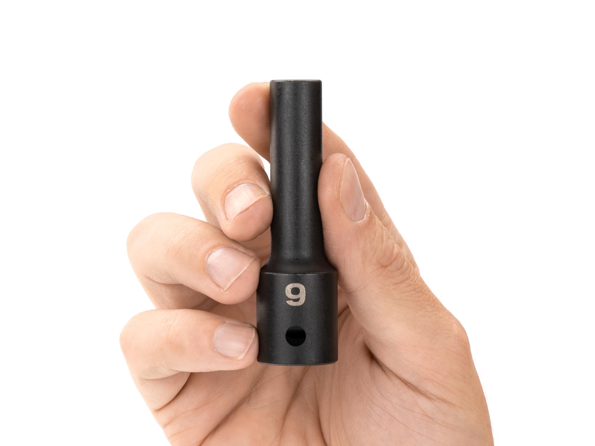 Person holding Tekton impact drive 12-point socket. Item #SID23309