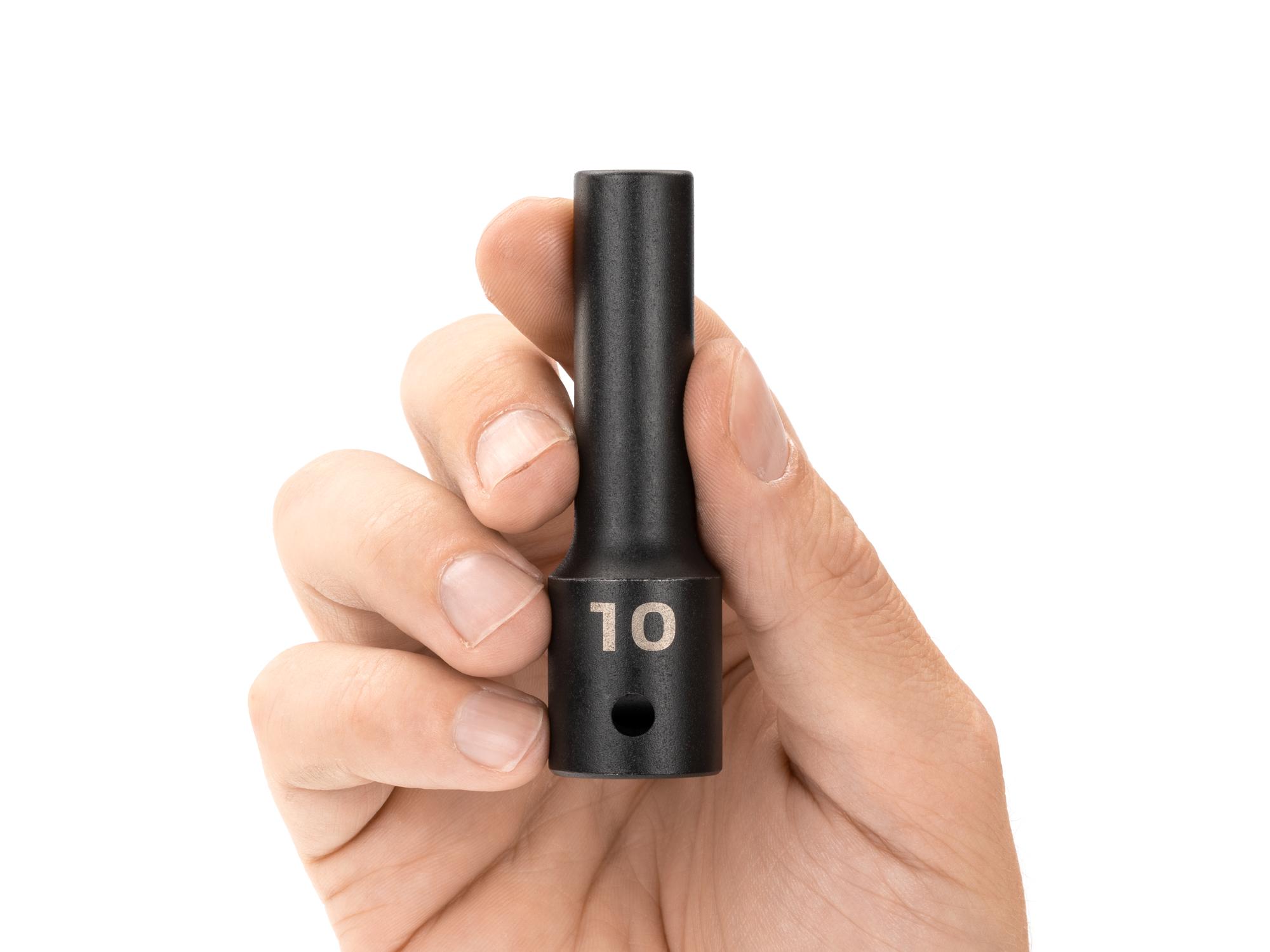 Person holding Tekton impact drive 12-point socket. Item #SID23310
