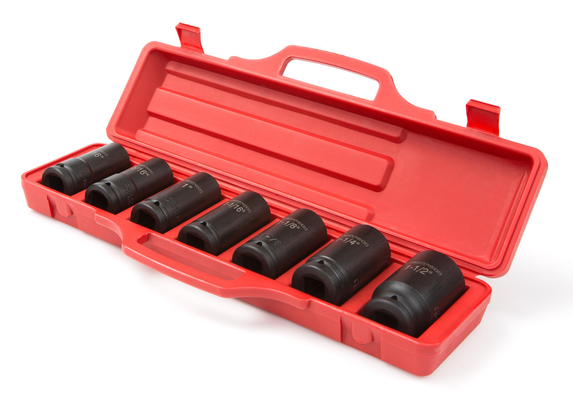 Front-right angle view of Tekton case impact drive 6-point socket set. Item #4890