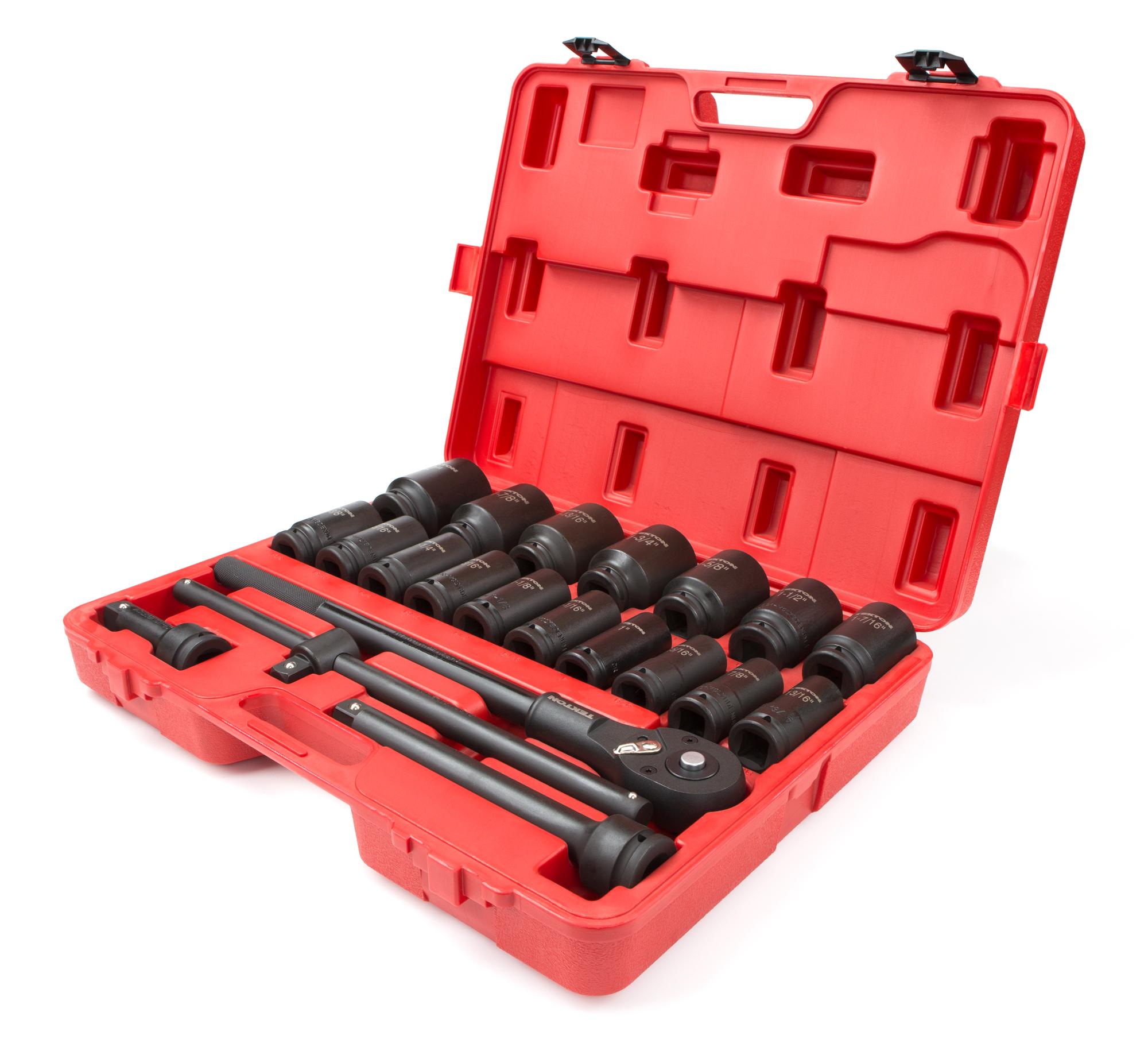 Front-right angle view of Tekton case Impact Drive 6-Point Socket set. Item #48995