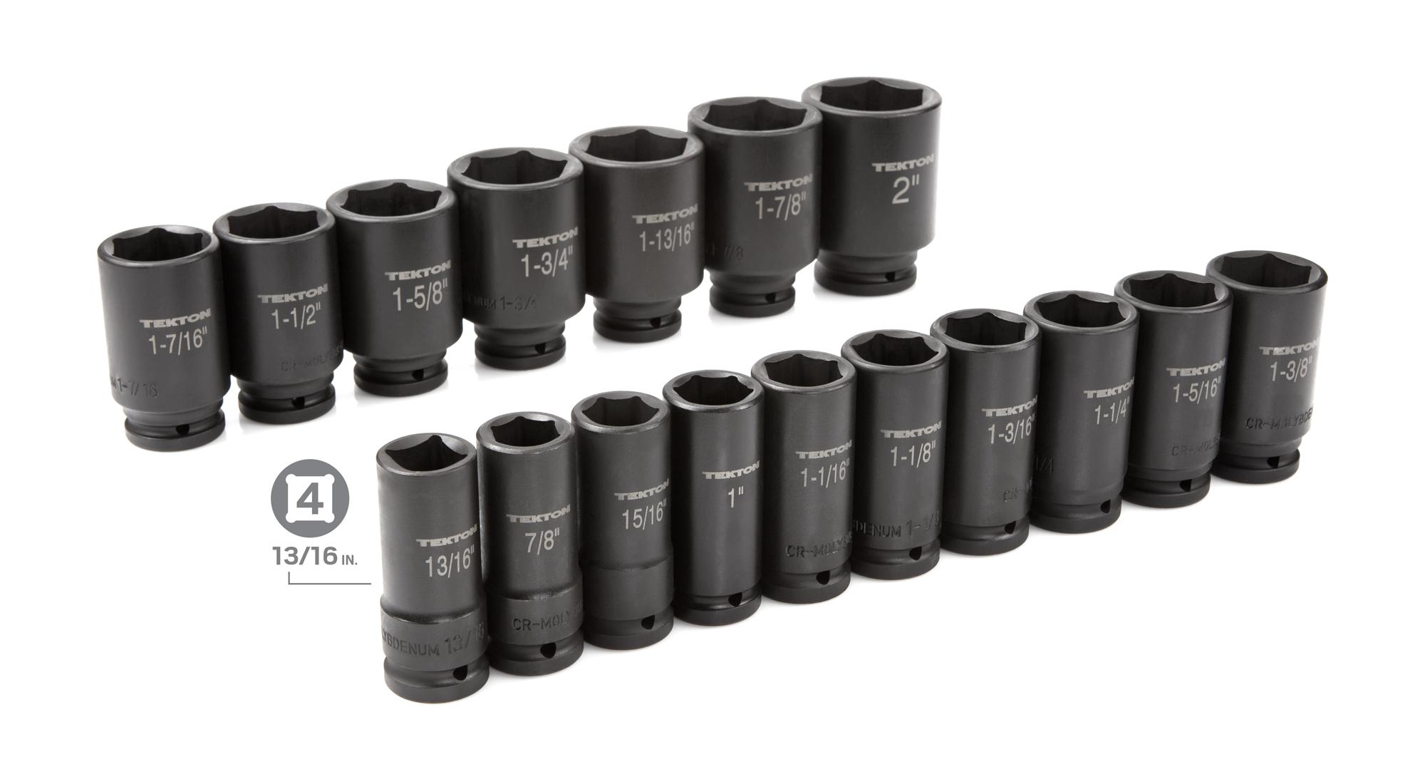 Laid out contents of Tekton case Impact Drive 6-Point Socket set. Item #48995