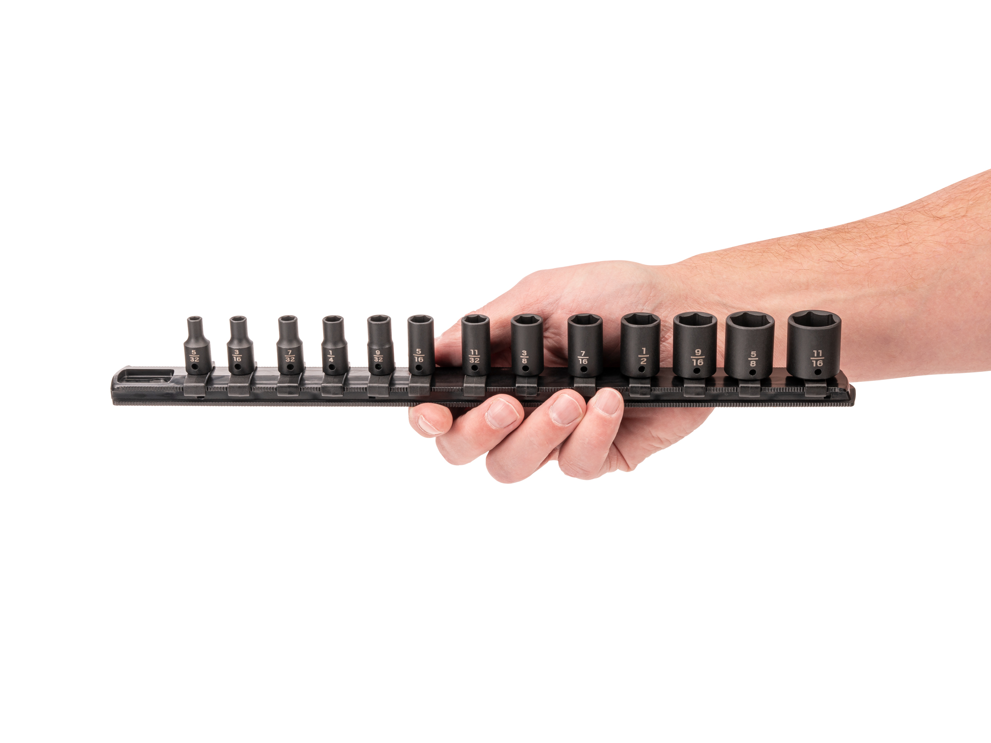 13-piece set includes 5/32–11/16 inch (SAE) 6-point impact sockets with rail organization. No skipped sizes. SID90100.